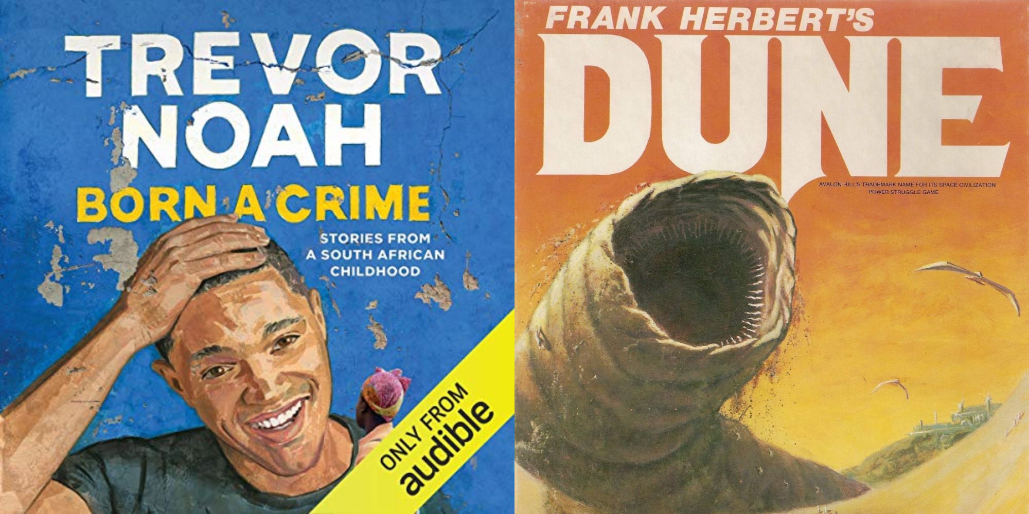 Split image showing the covers for the novels Born a Sin and Dune.