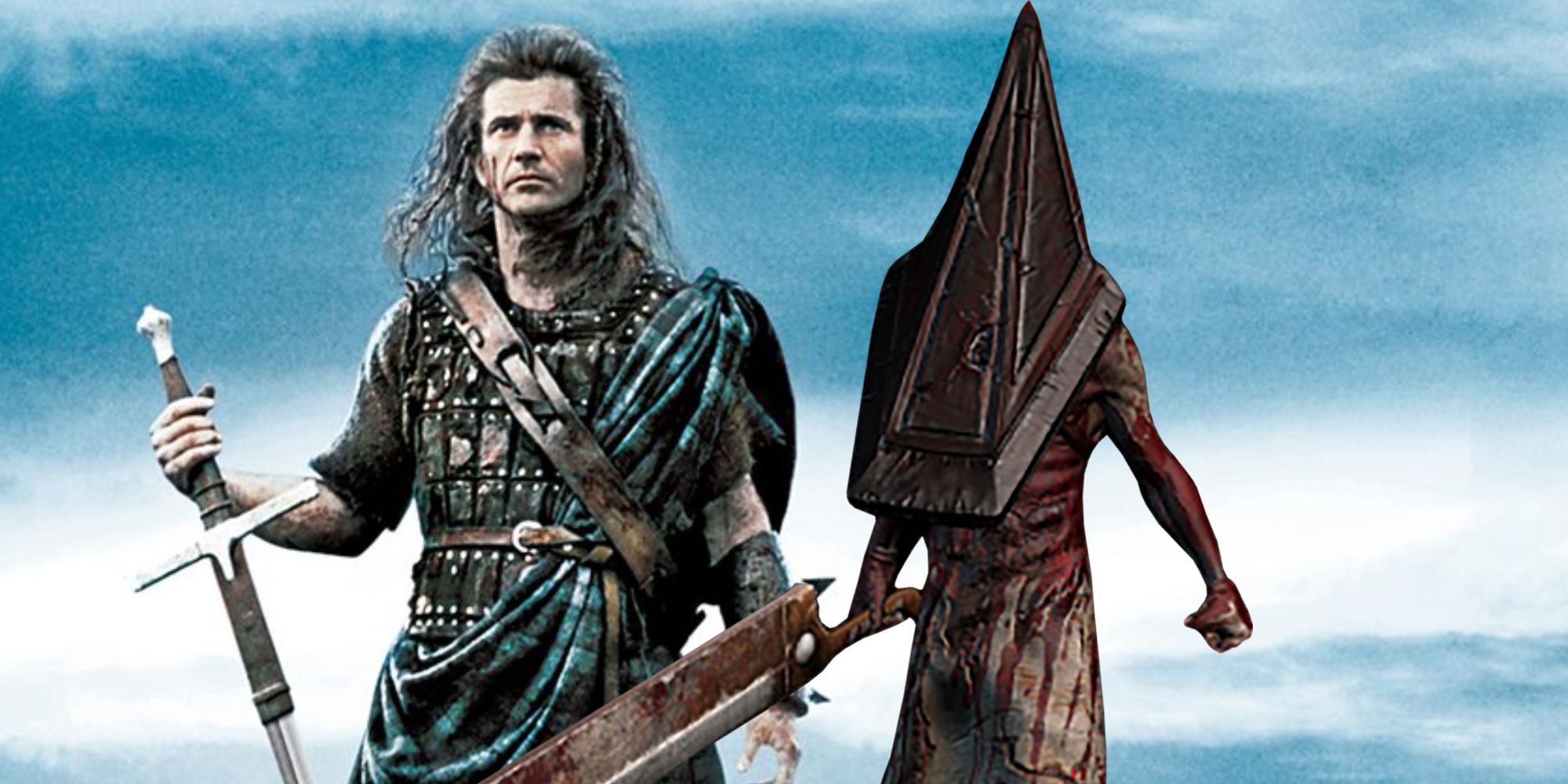 Braveheart's Mel Gibson beside image of Pyramid Head from Silent Hill 2