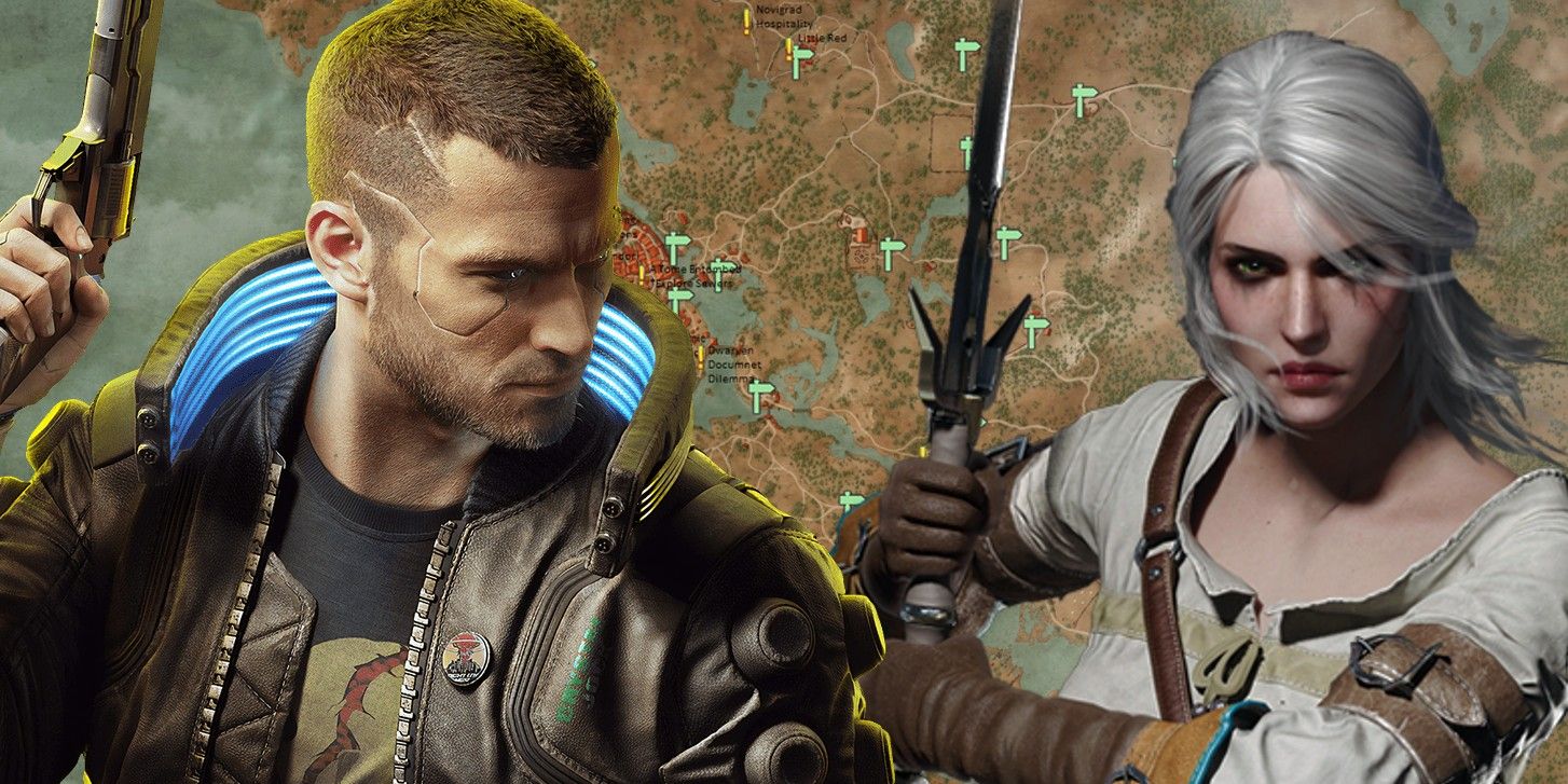 Cyberpunk 2077 male V protagonist and Witcher 3's Ciri over a map of Witcher 3