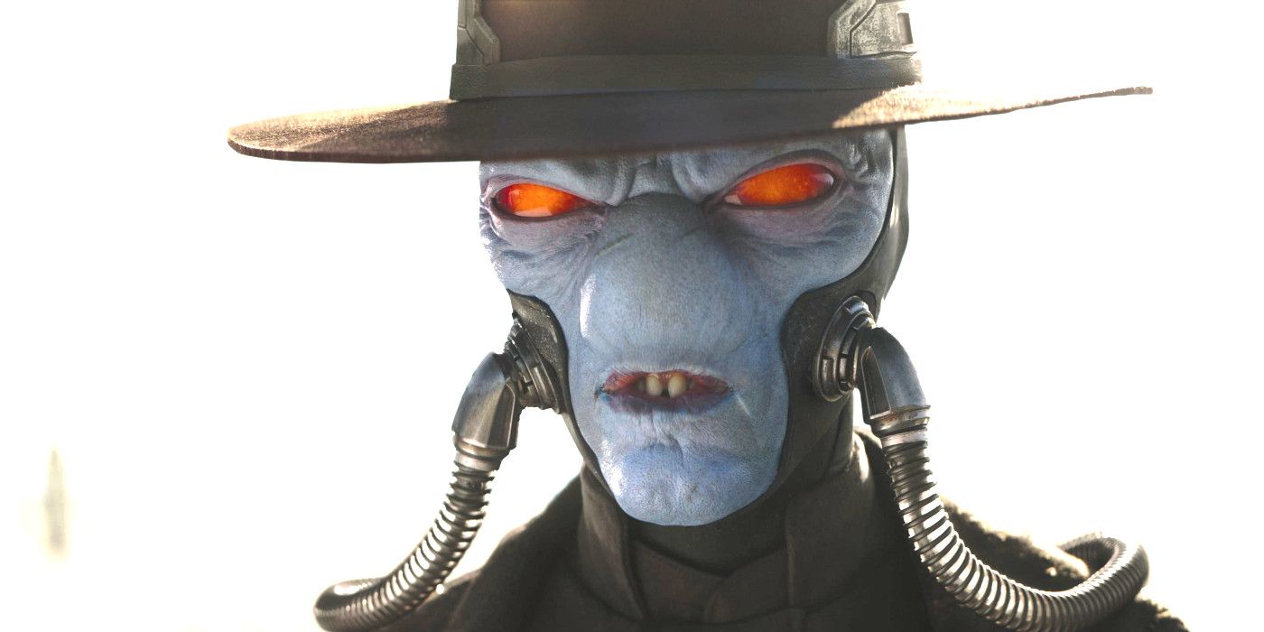 Star Wars alien Cad Bane sneering menacingly with vampire teeth, blue skin and orange eyes, wearing strange breathing apparatus and cowboy hat