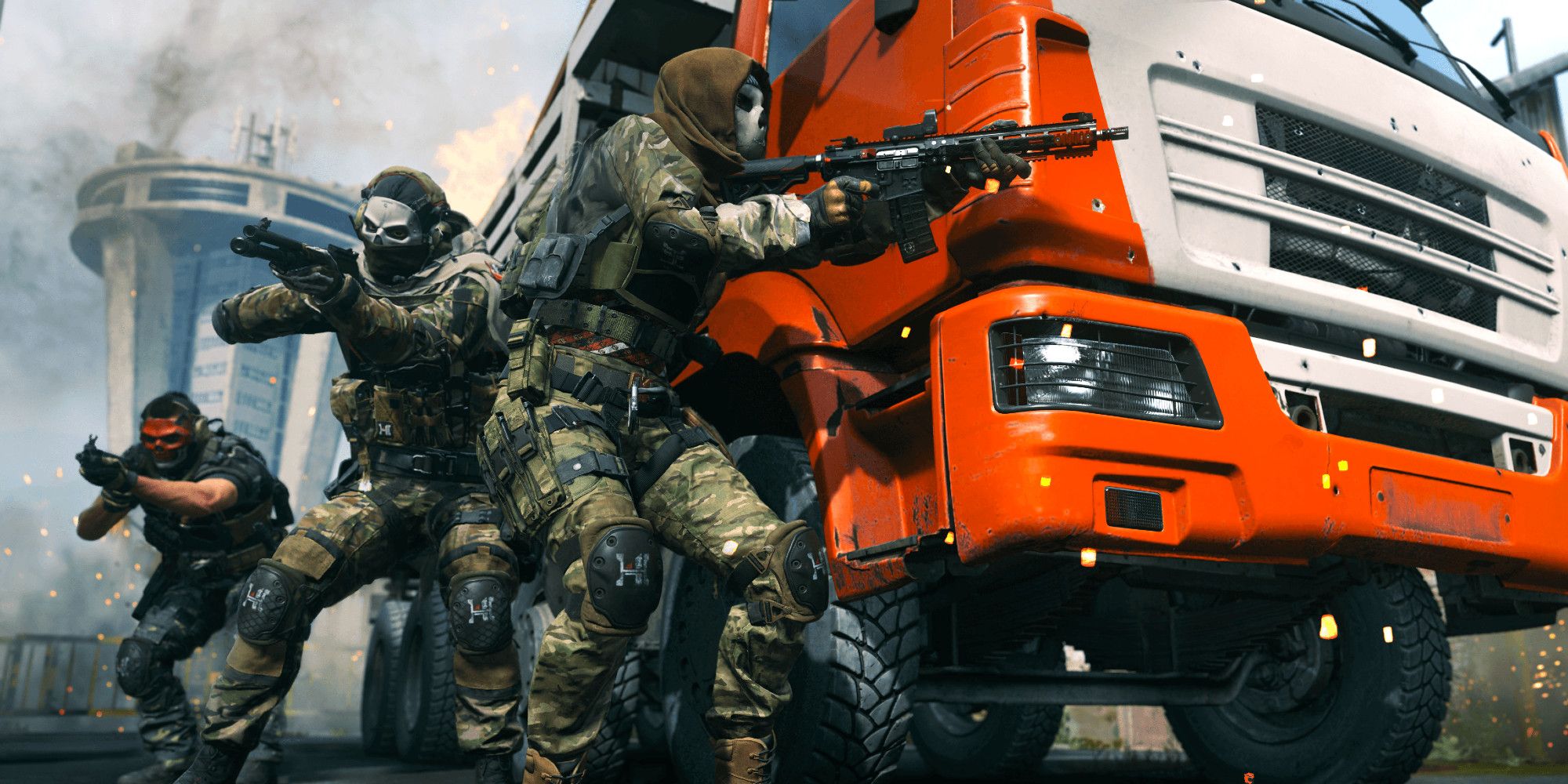 A team of Call of Duty characters taking cover behind a large truck