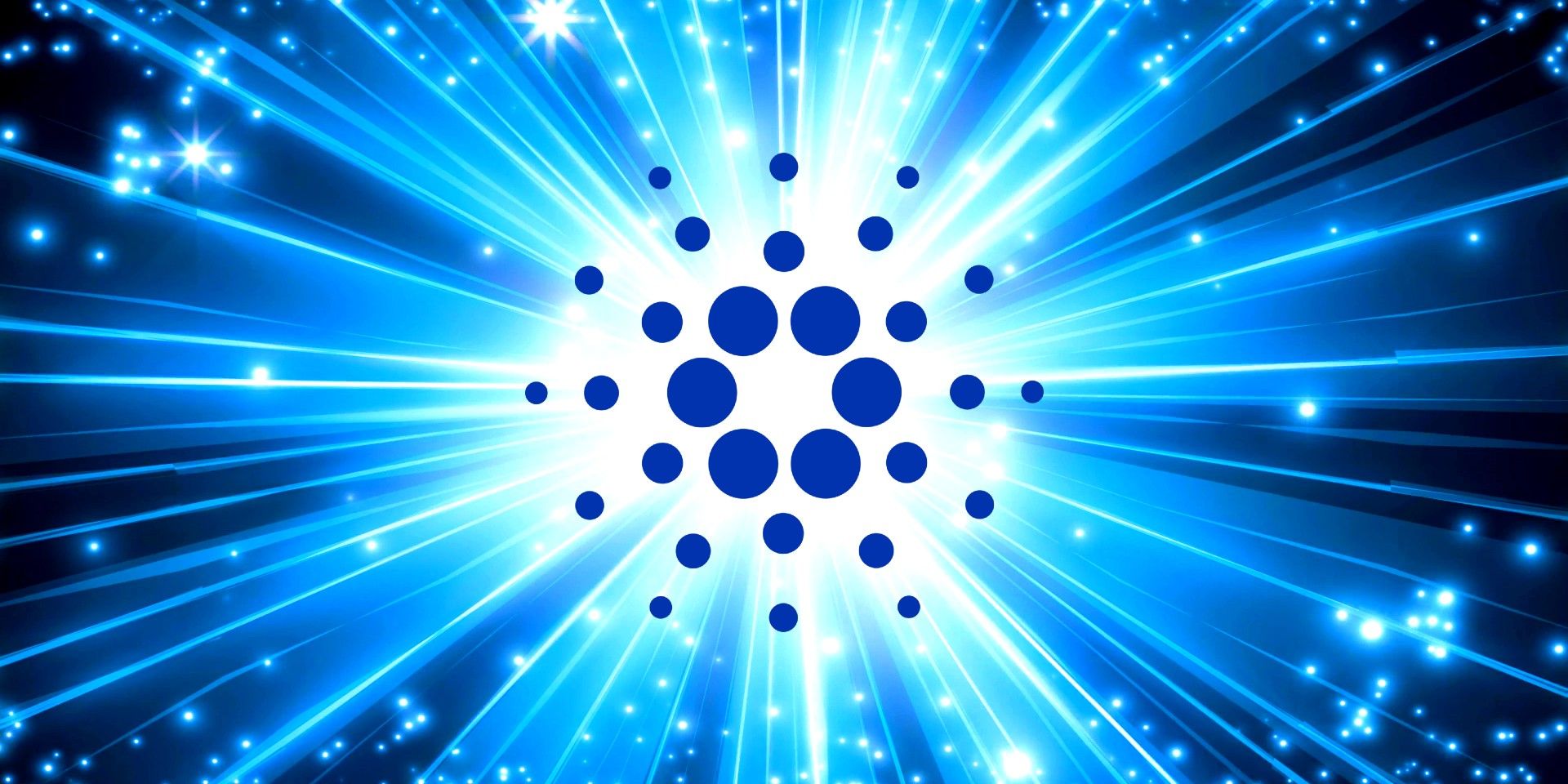 Cardano logo over blue starburst background