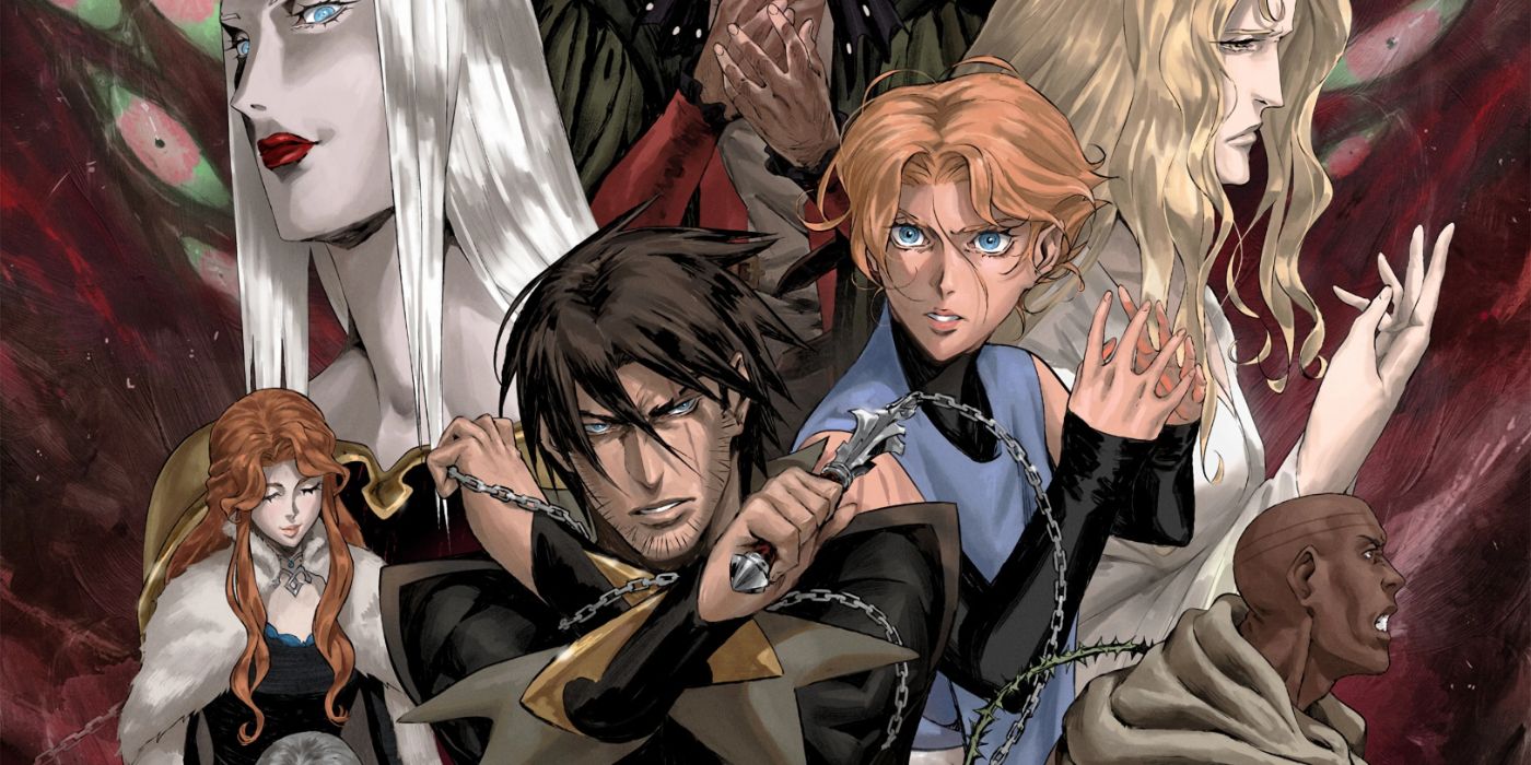Arte promocional de Castlevania com uma colagem do elenco principal da terceira temporada.