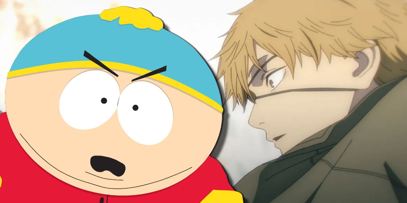 Denji from Chainsaw Man staring at Cartman from South Park.