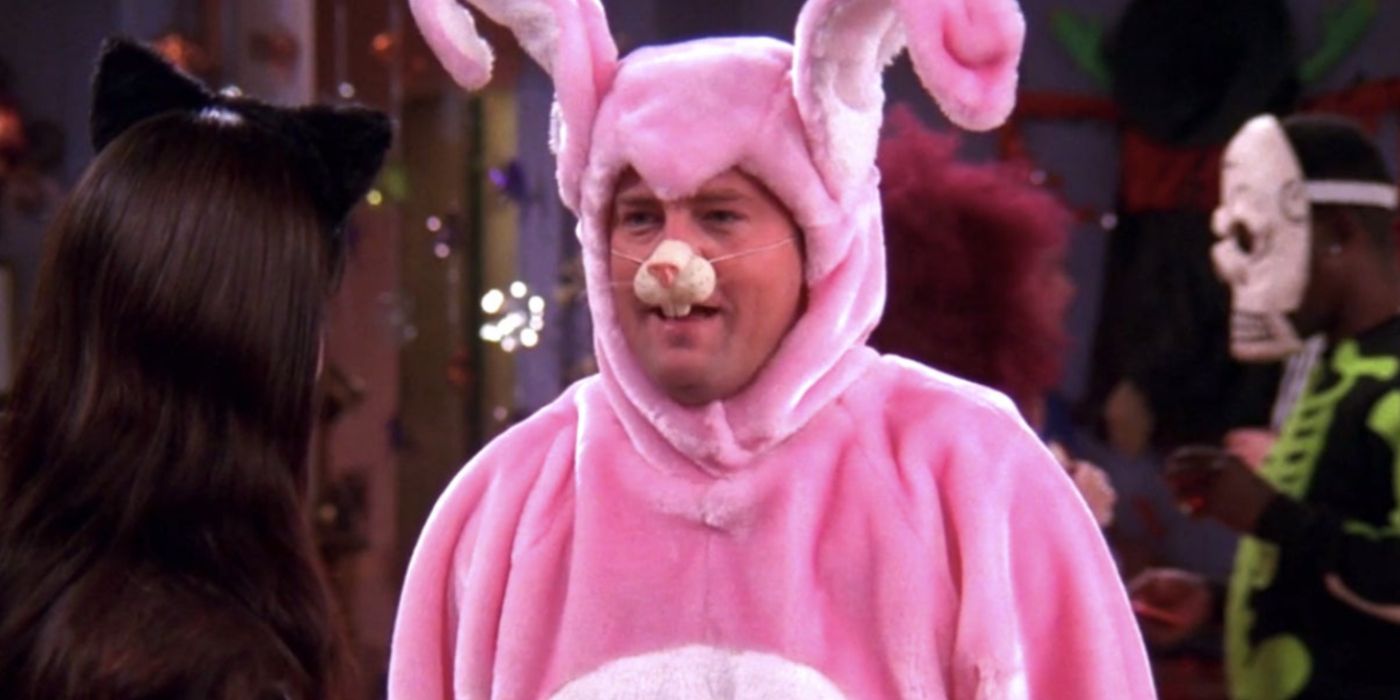 Monica dressed as Catwoman talking to Chandler in a bunny costume at Halloween in Friends.