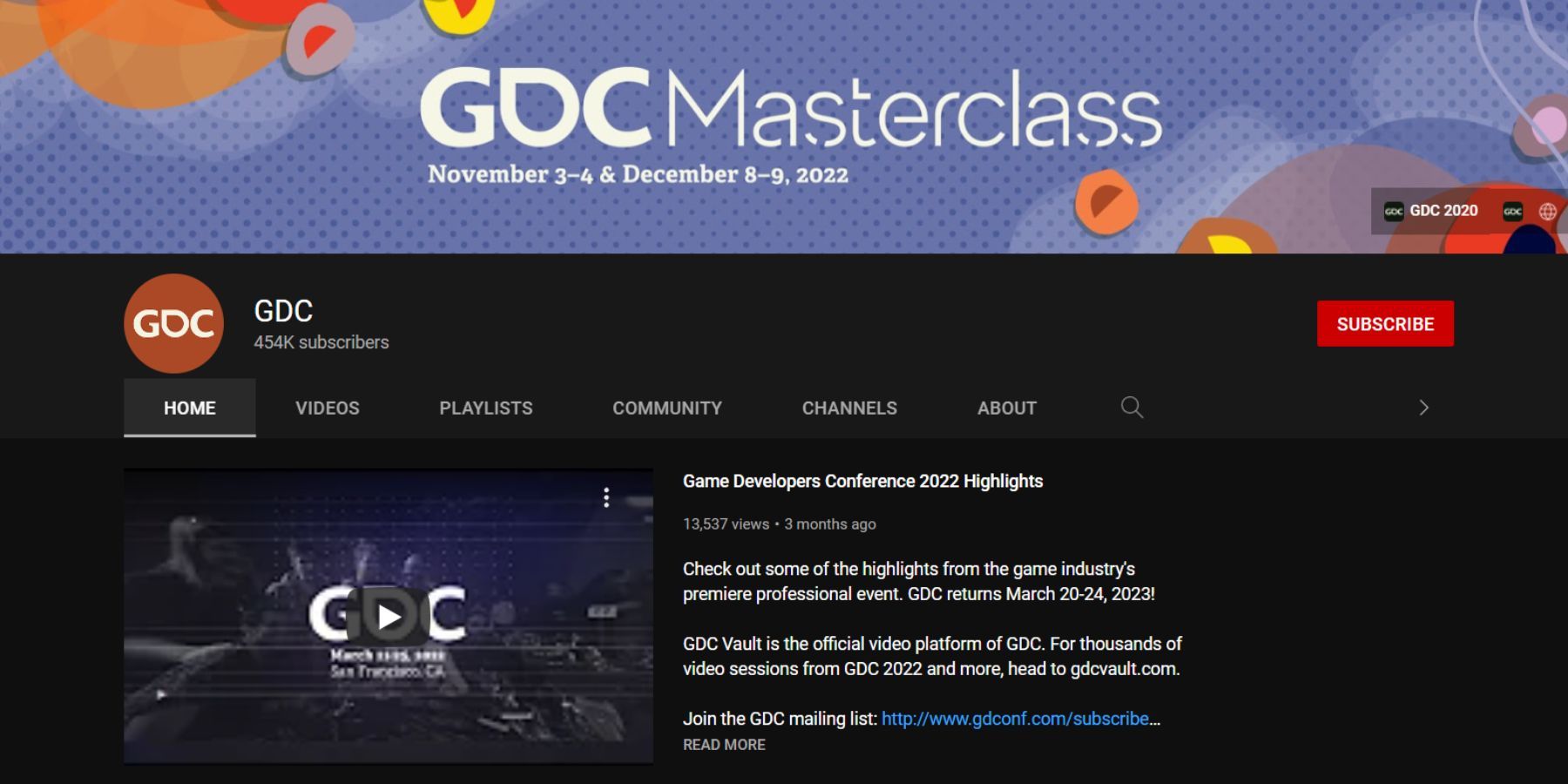 Channel page for Game Developers Conference on YouTube