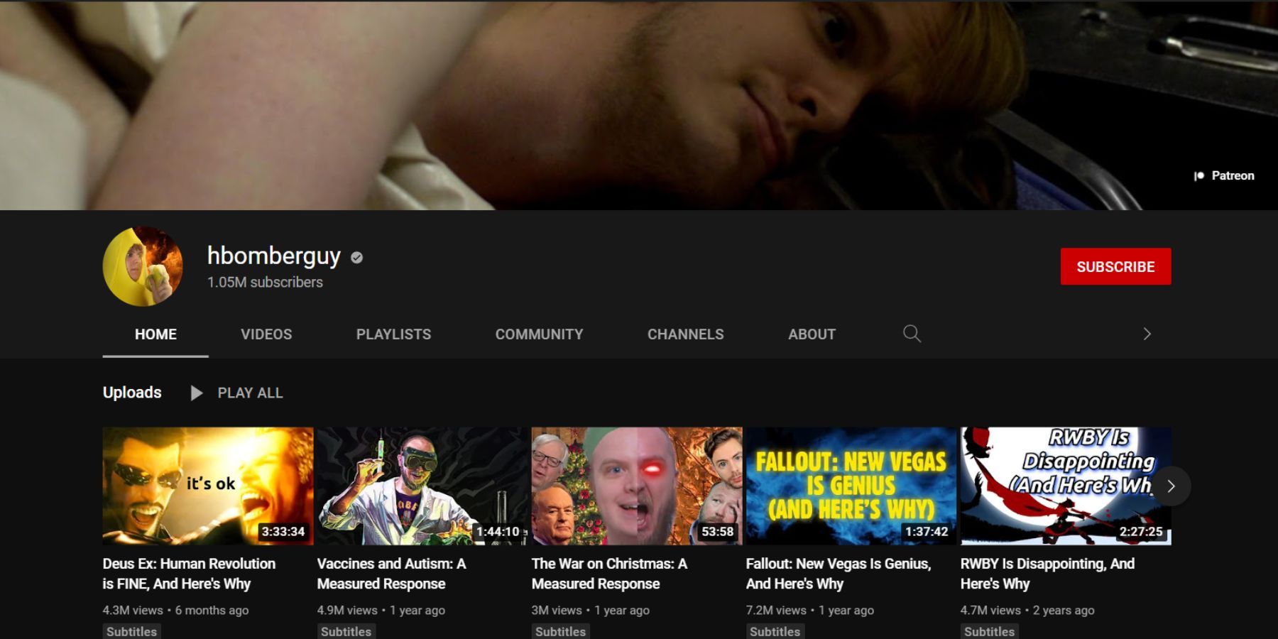 Channel page for Hbomberguy on YouTube