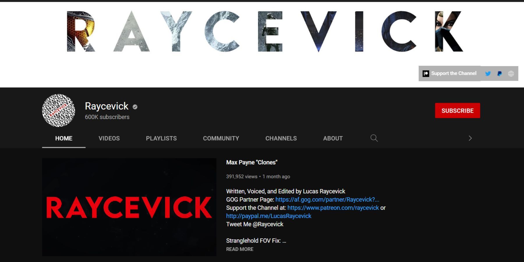Channel page for Racyevick on YouTube