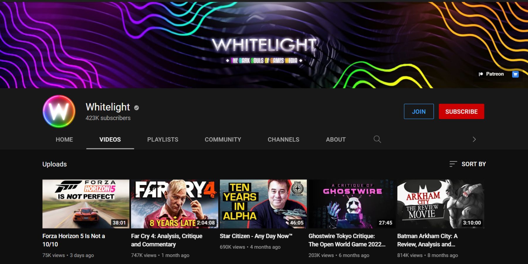 Channel page for Whitelight on Youtube