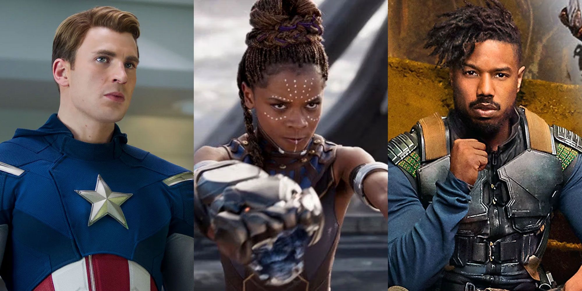 A split image features the MCU versions of Steve Rogers, Shuri, and Erik Killmonger