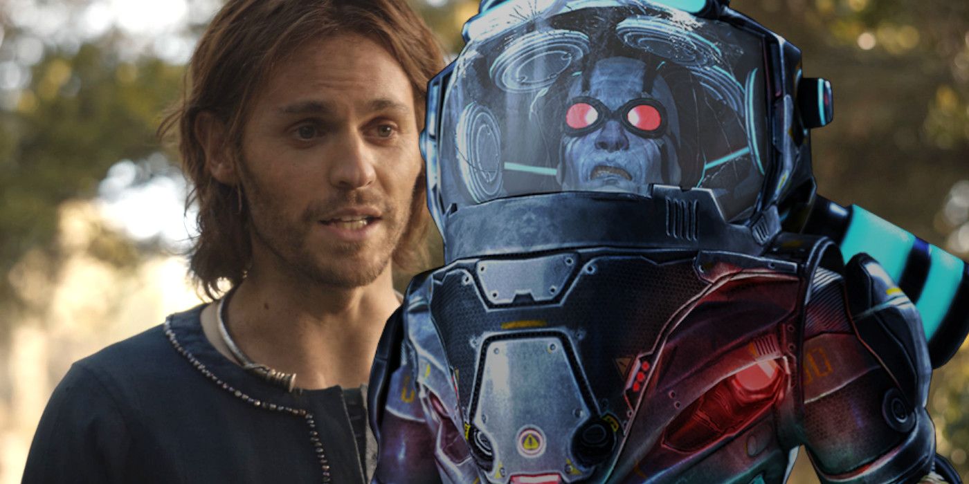 Mash-up of Charlie Vickers as Sauron in Rings of Power and a comic book image of Mr. Freeze
