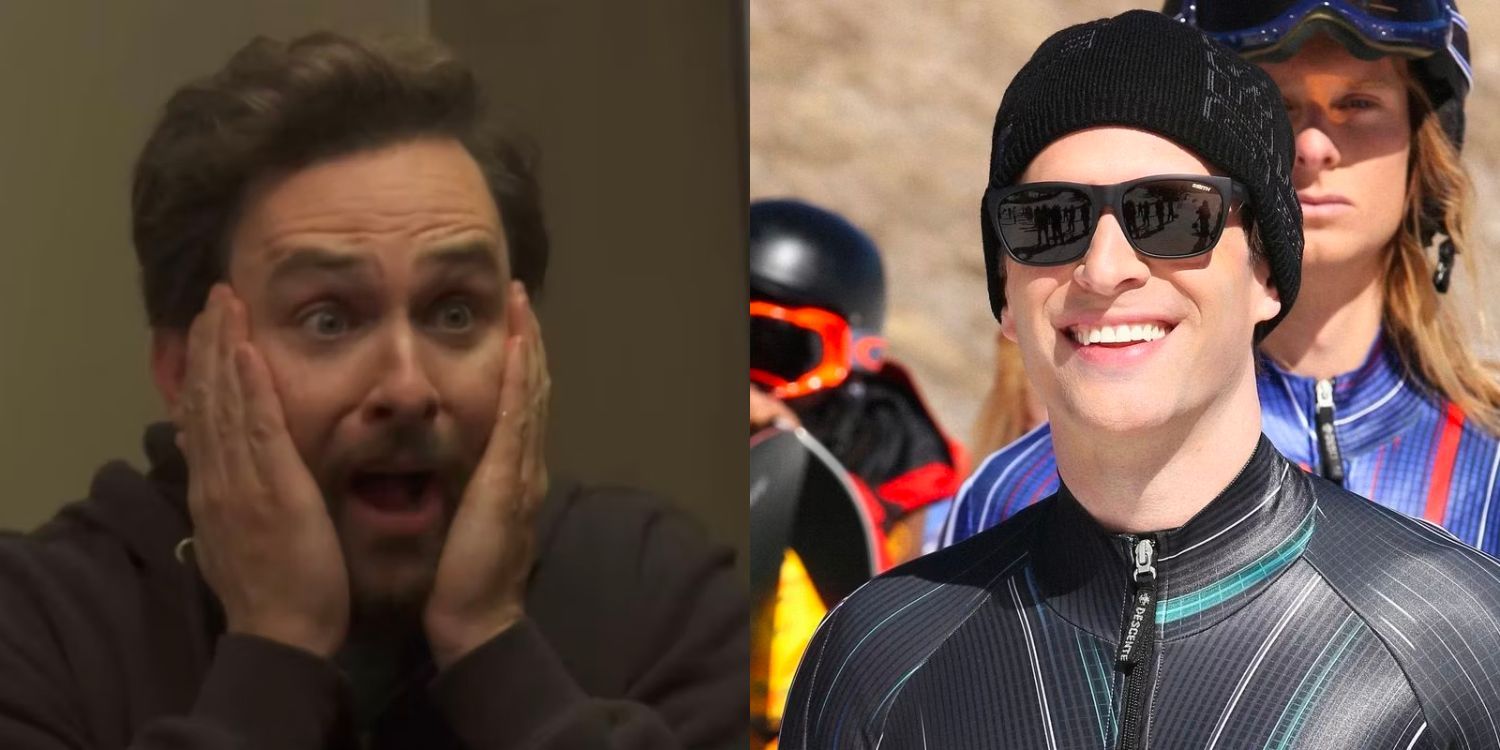 Charlie holding his face and screaming and Dennis in ski gear