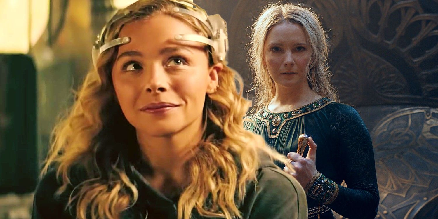 Chloe Moretz Grace from The Peripheral superimposed over The Rings of Power Galadriel