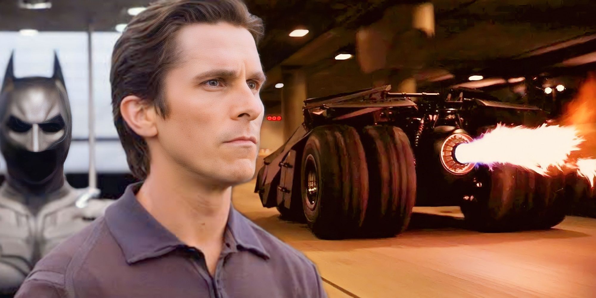 Christian Bale as Batman in Christopher Nolan's The Dark Knight with Tumbler Batmobile