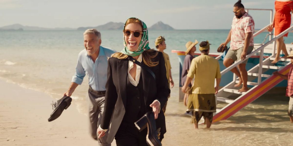 George Clooney and Julia Roberts arriving in Bali on the beach in Ticket To Paradise