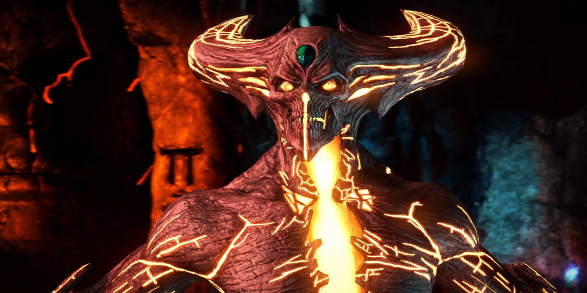 Closeup of Corrupted Shinnok inside the Jensei Chamber in Mortal Kombat X (2015)