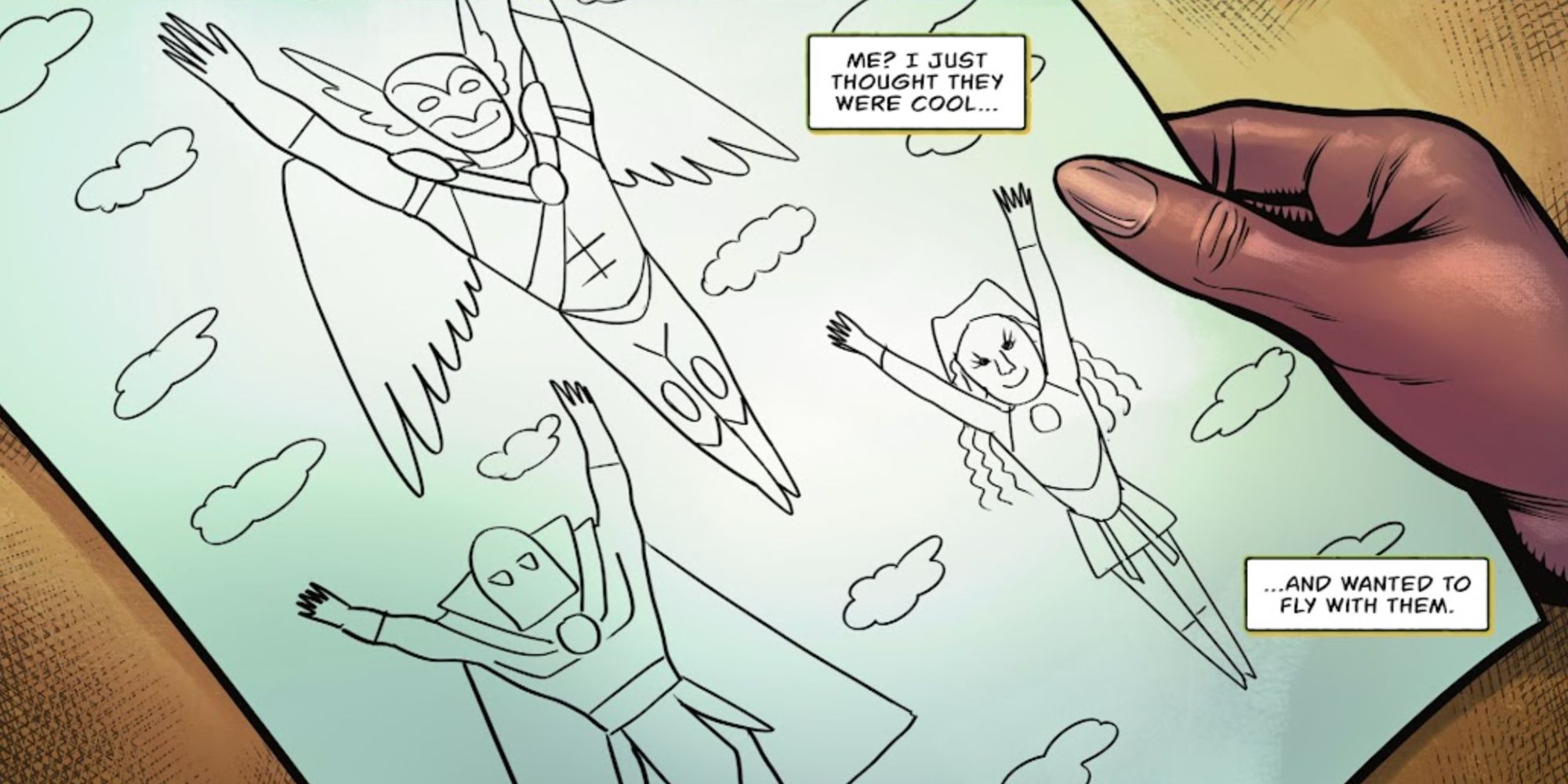 Closeup of a young Cyclone&rsquo;s drawing of the Justice Society in The Justice Society Files