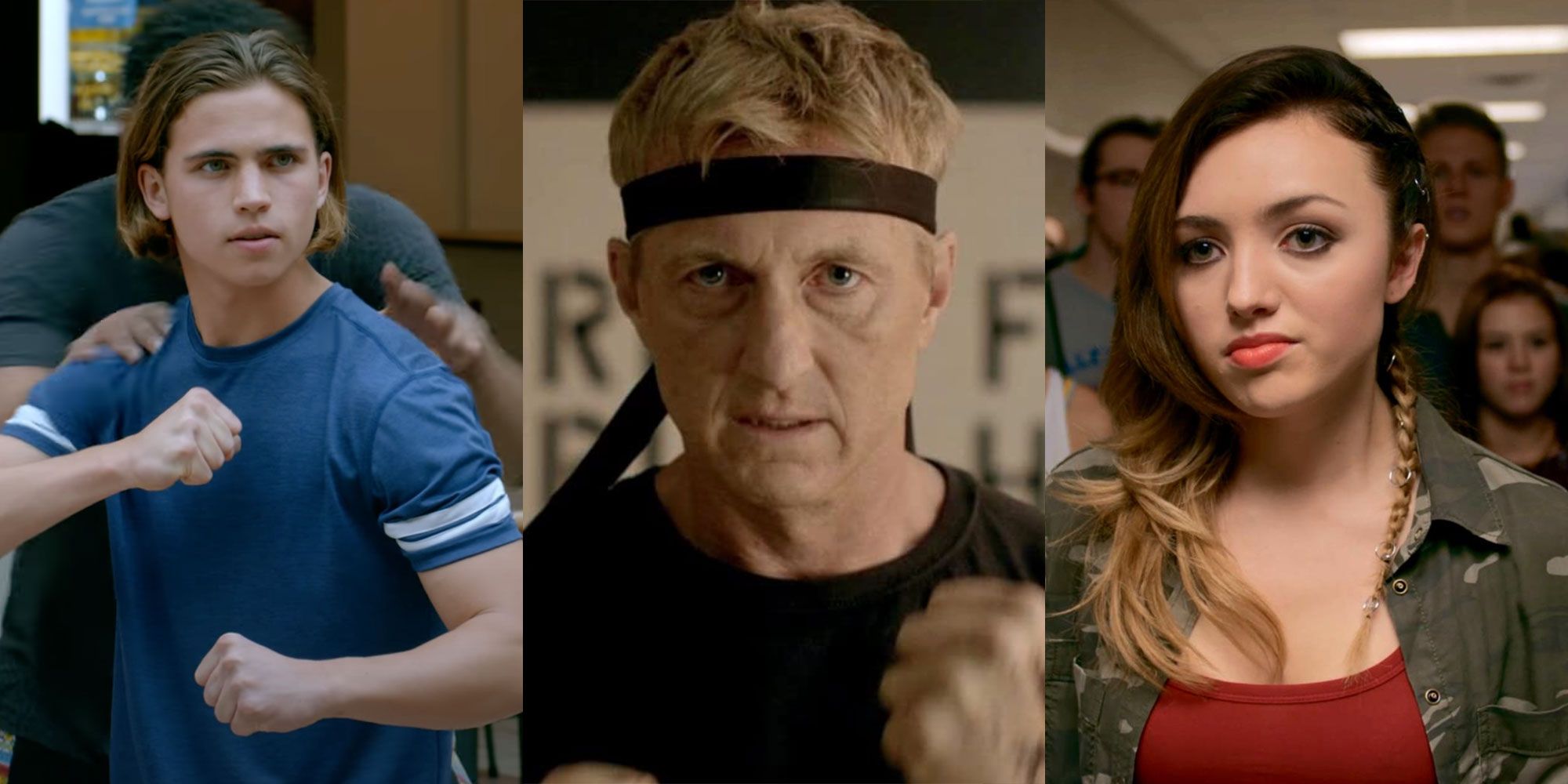 A split image features Robby, Johnny, and Tory from the Netflix Cobra Kai series