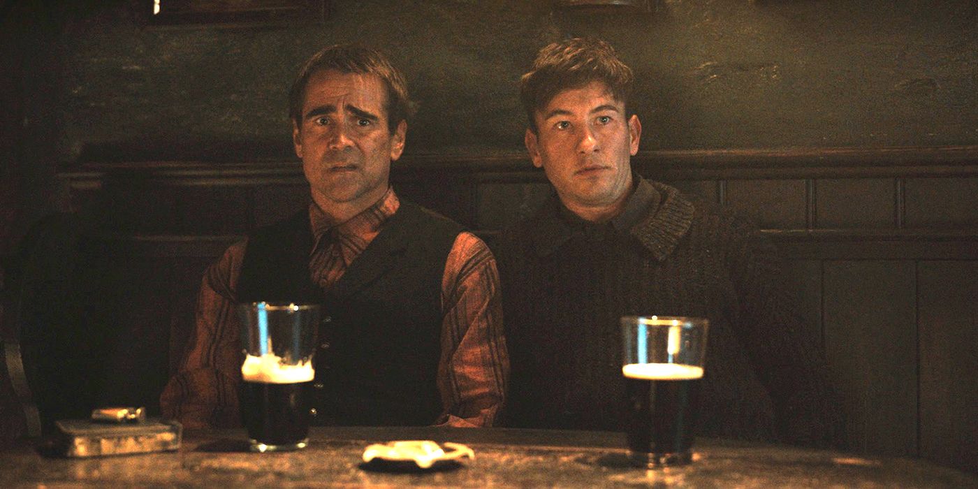 Colin Farrell and Barry Keoghan drink beer in a pub in The Banshees of Inisherin