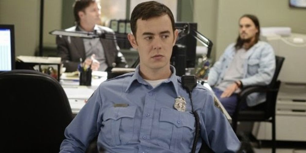 Colin Hanks sits on a police chair in Fargo 