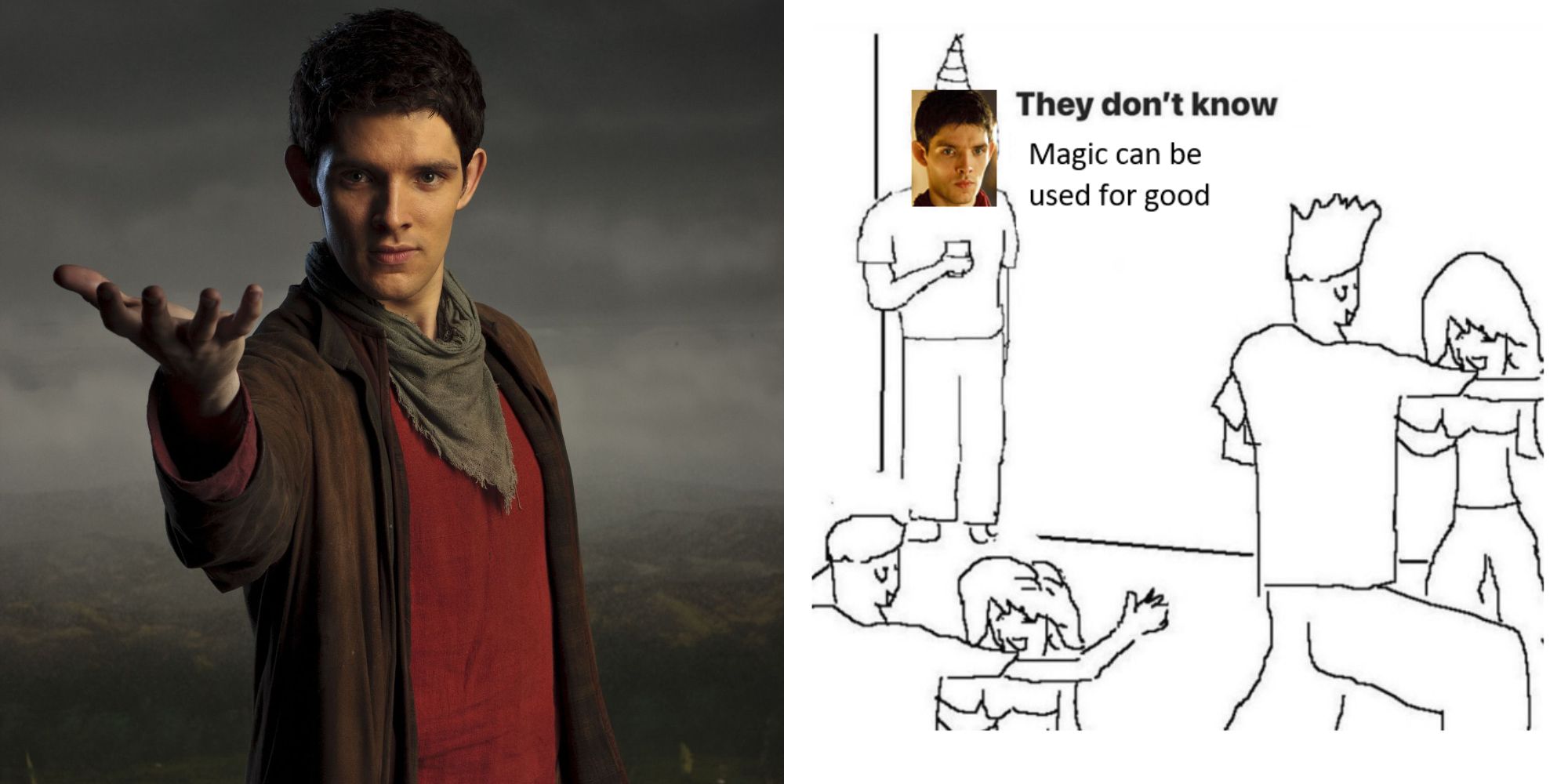 Split image showing Merlin in Merlin and a meme about him.