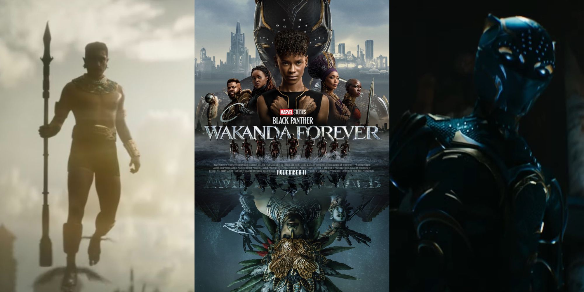 Split image of Namor flying, Black Panther: Wakanda Forever poster, and new Black Panther in Wakanda Forever trailer.