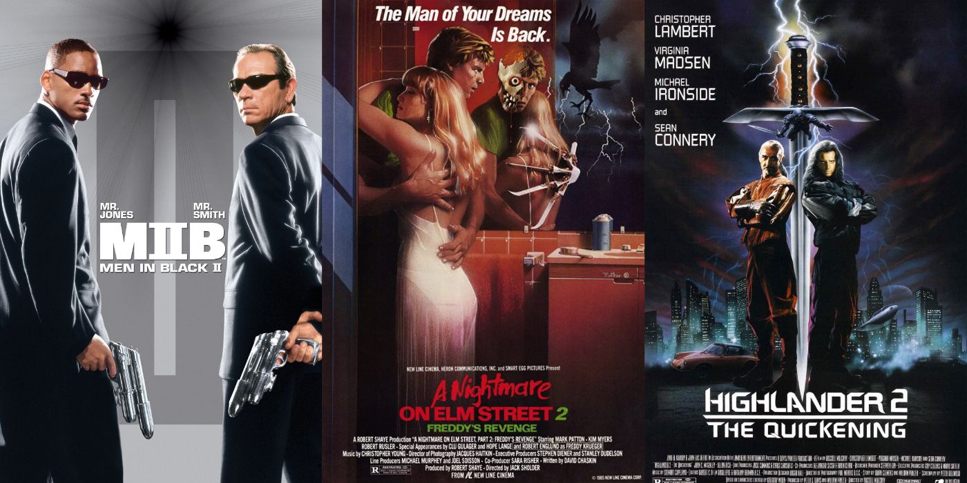 Movie posters for Men in Black 2, Nightmare on Elm Street 2, and Highlander 2.