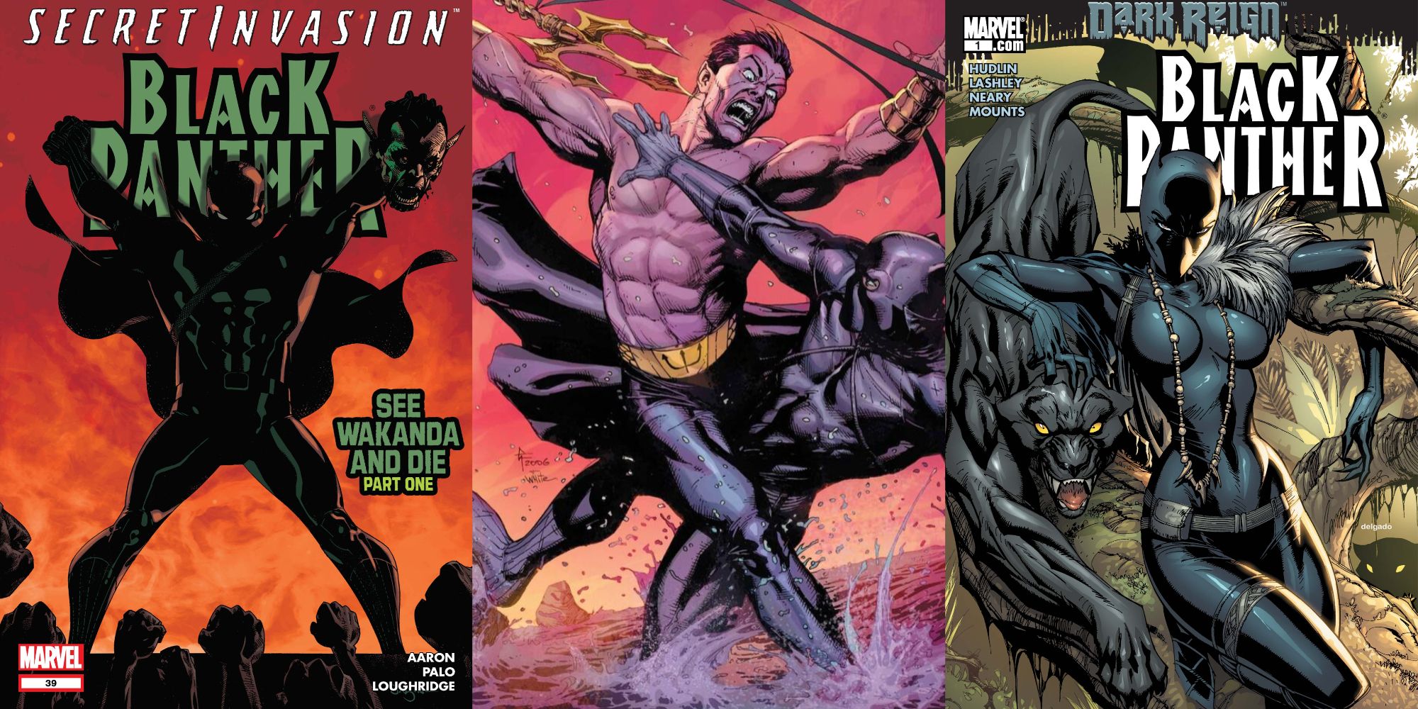 Split image of Black Panther #39, Namor fighting Black Panther, and Black Panther #1 (2009) with Shuri as Black Panther.