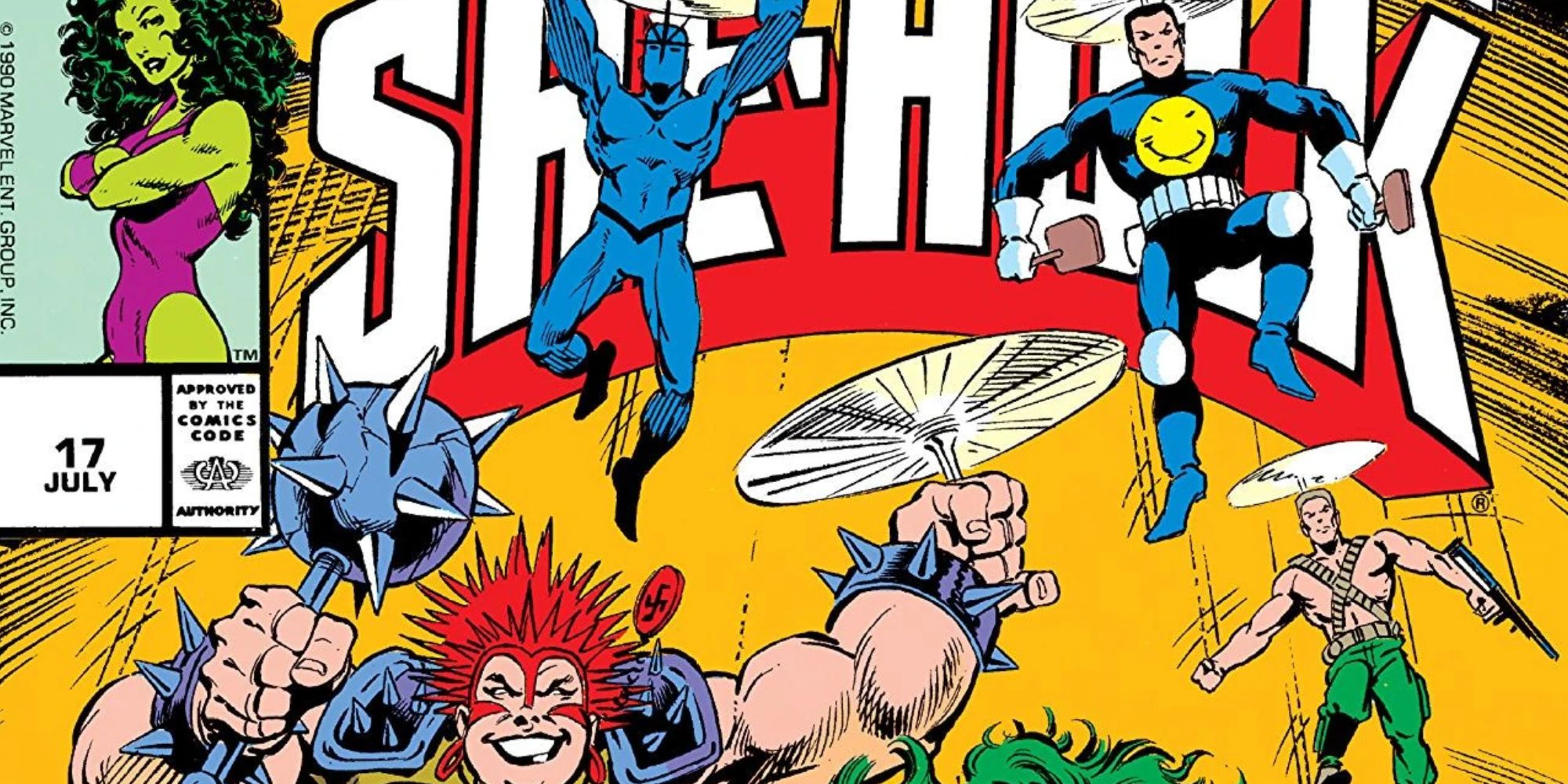 The Band of the Bland attacks She-Hulk in Marvel Comics.