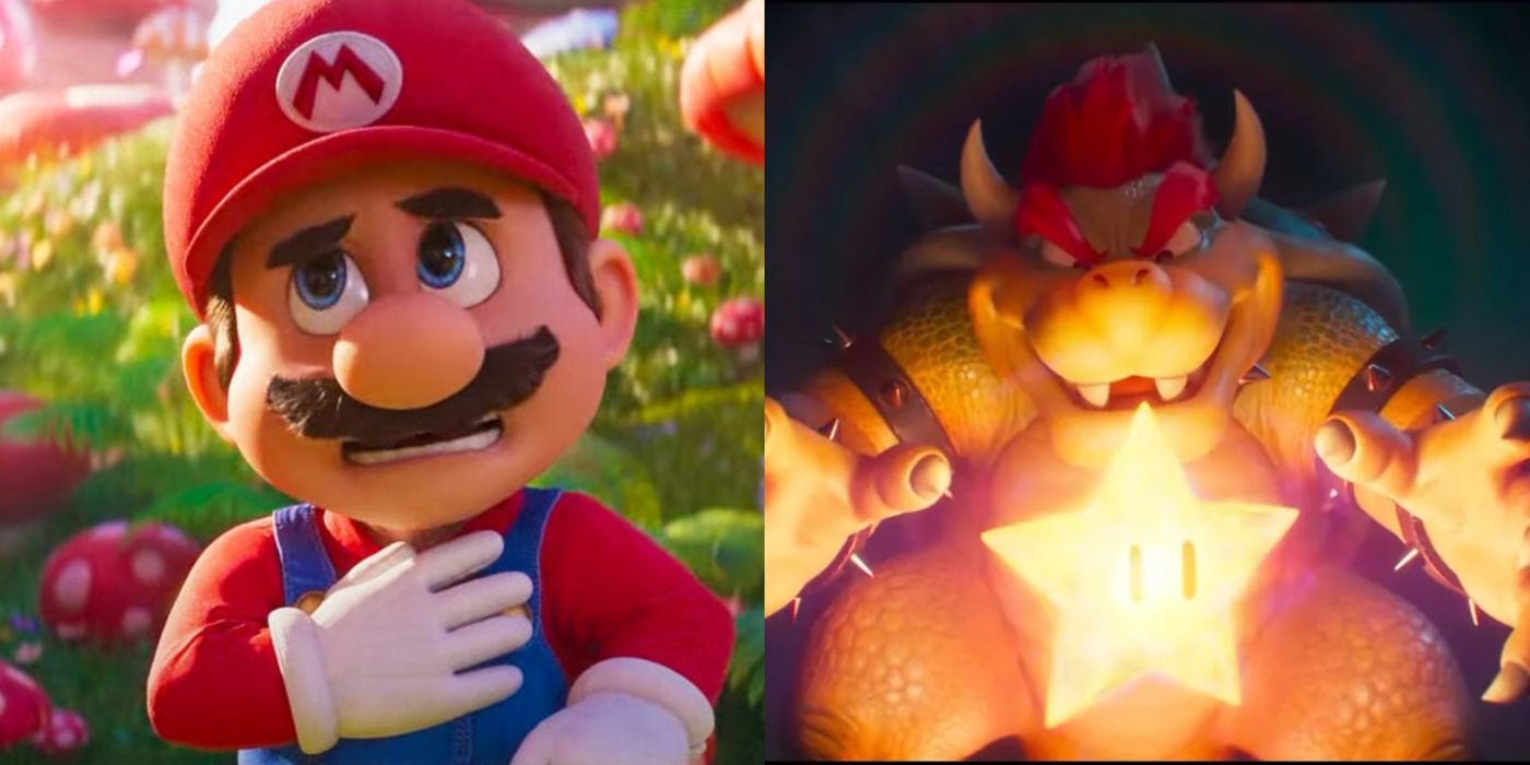 Mario looks worried in the Mushroom Kingdom, whilst Bowser grabs his hands on the Invincibility Star.