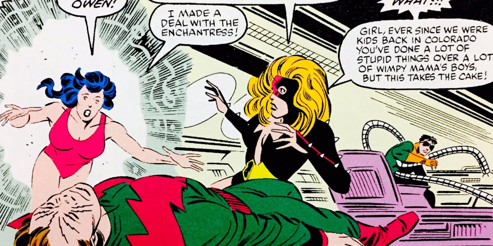 Volcana tries to help Molecule Man in Marvel Comics.