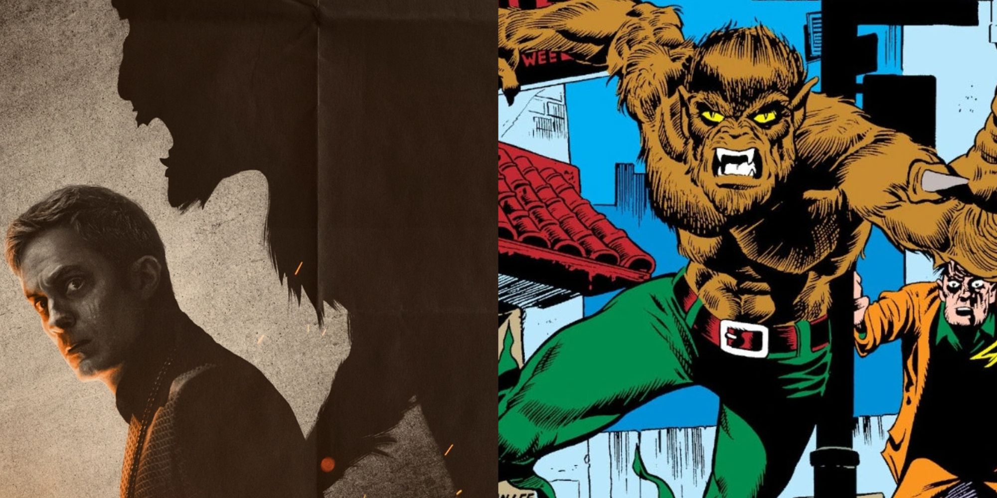 Split image of Werewolf By Night from the MCU poster and attacking in Marvel Comics.