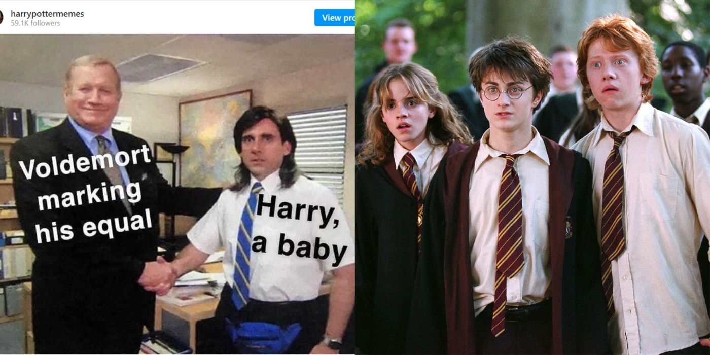 Split image of a Harry Potter meme and the Golden Trio
