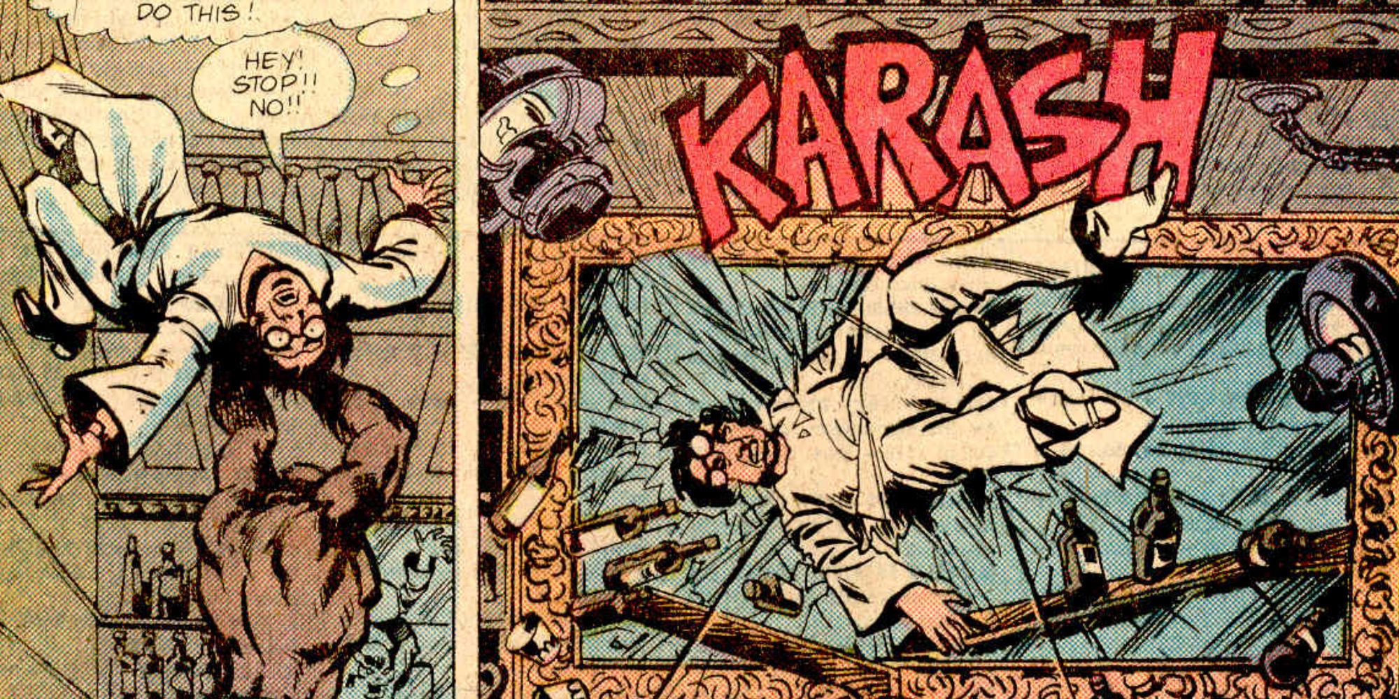 Werewolf By Night joga o Dr. Karl Malus através de uma janela na Marvel Comics.