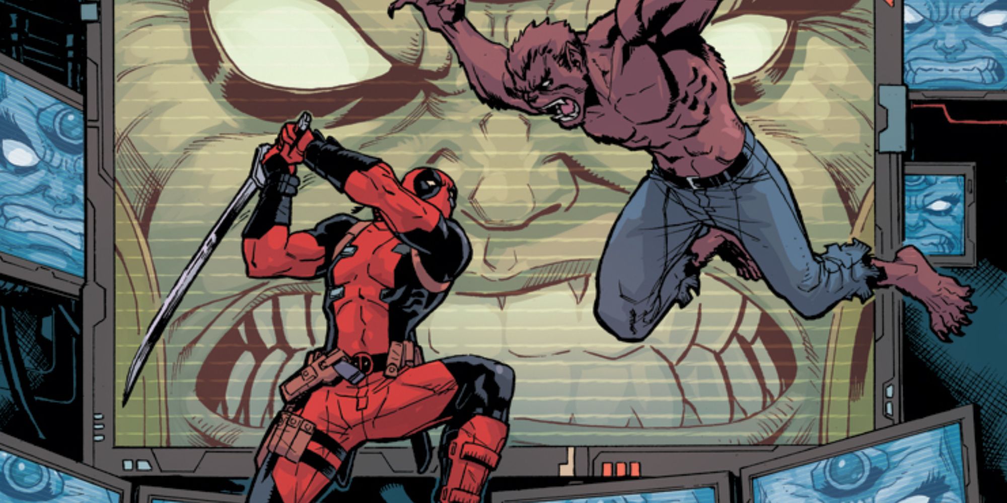 Deadpool fights Werewolf By Night in Marvel Comics.