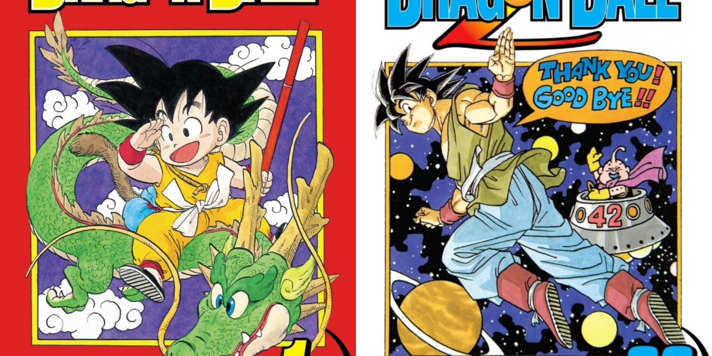 A split image of the first volume and the last volume of the original Dragon Ball manga series.