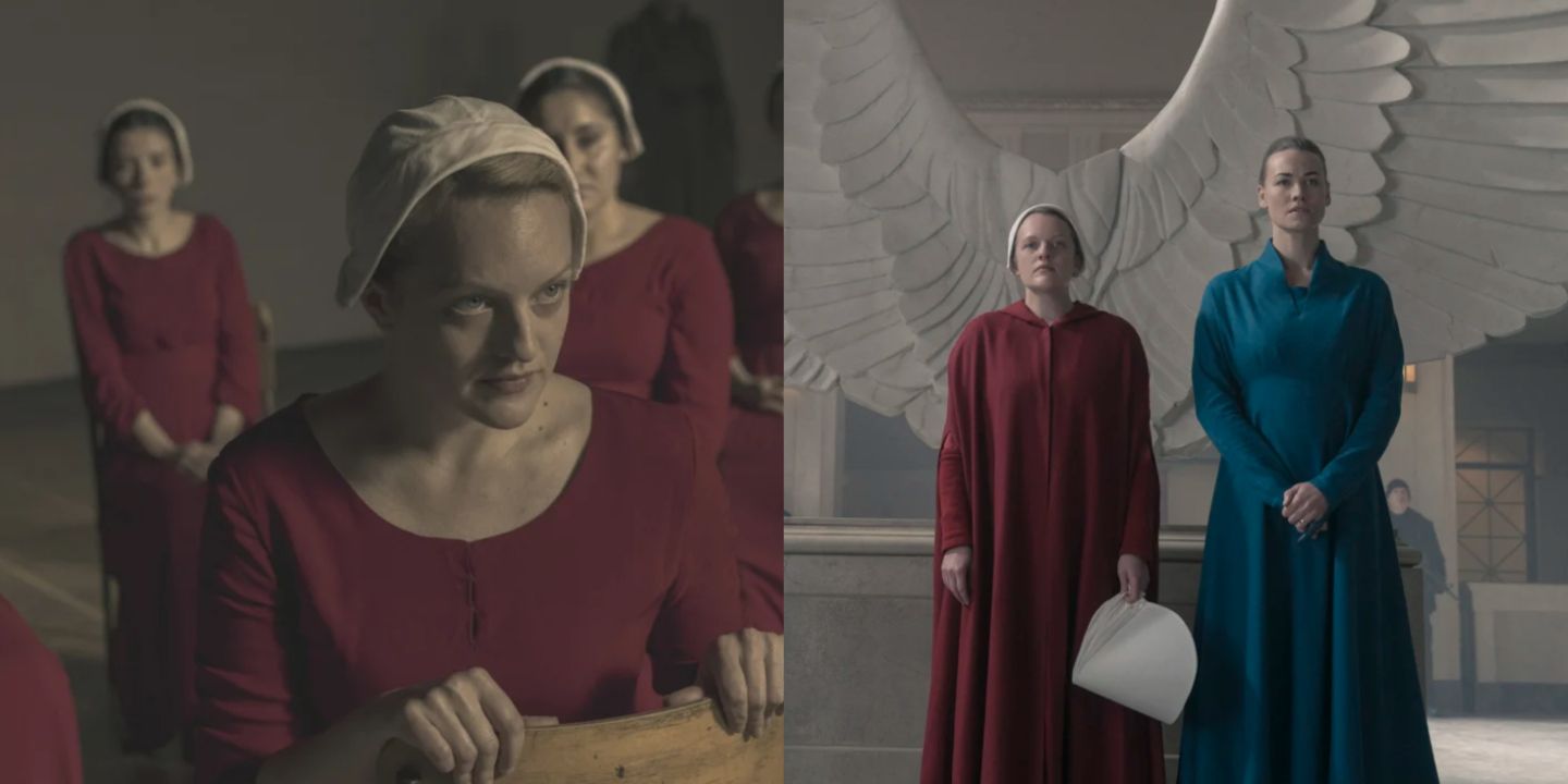 Split image of June with handmaids and with Serena in The Handmaid's Tale