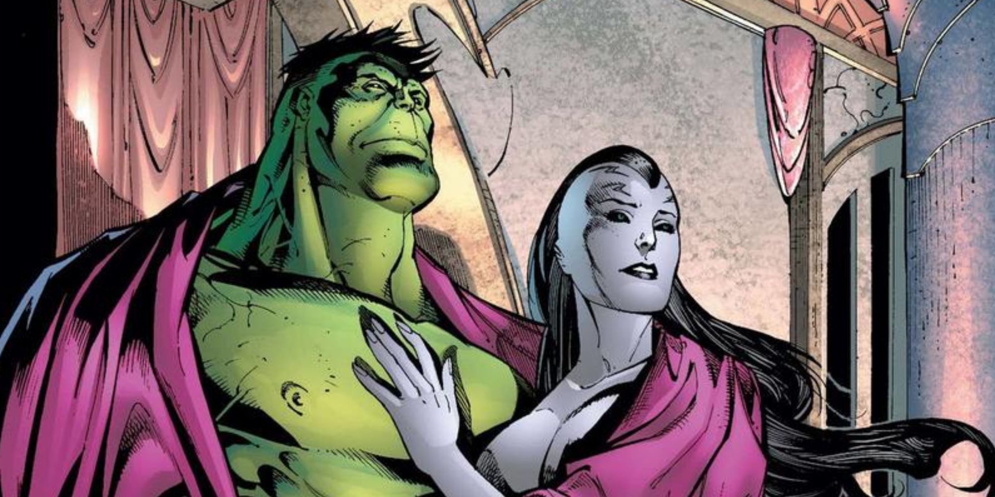 Hulk and Caiera embrace on Sakaar in Marvel Comics.