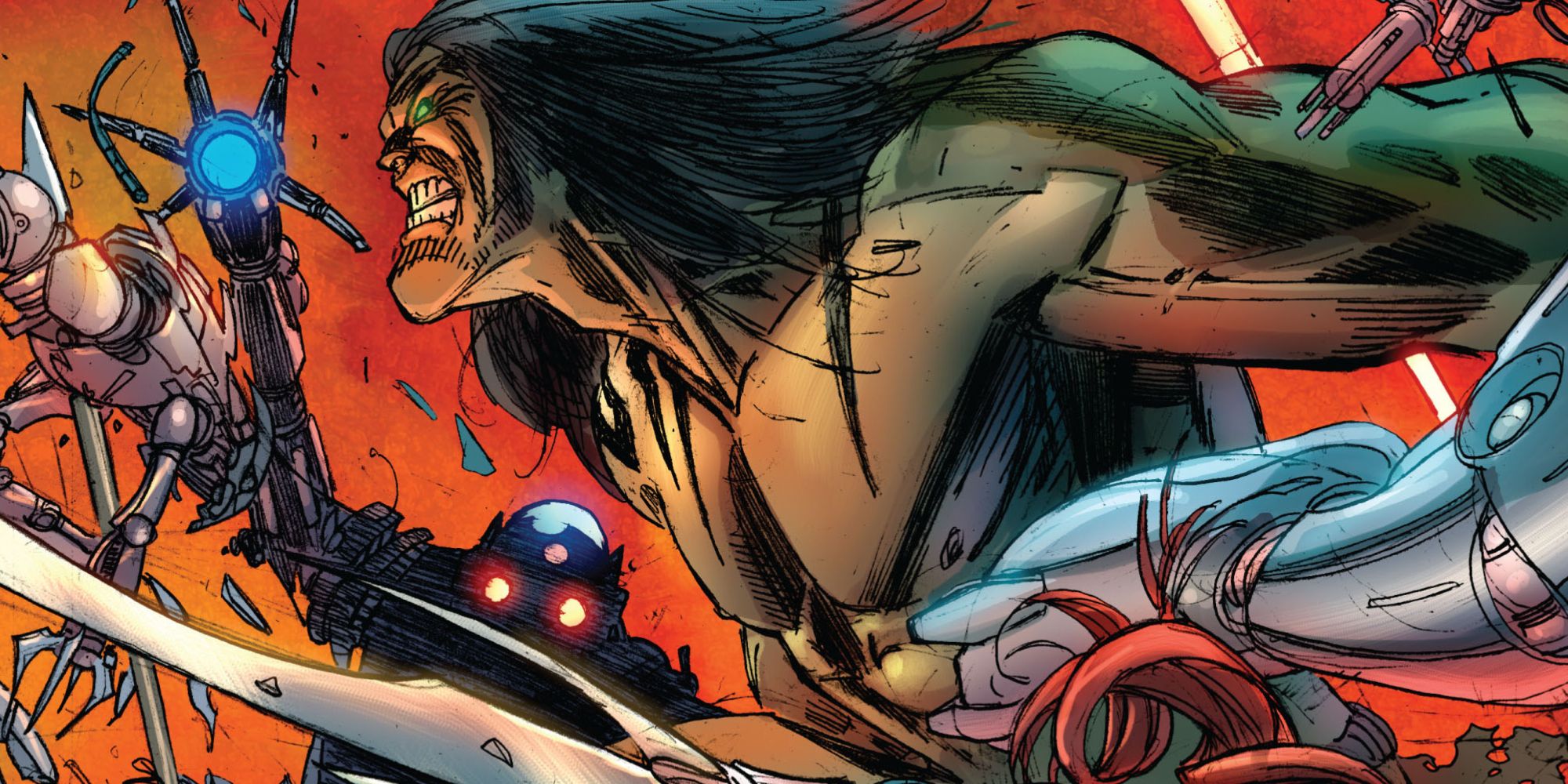Skaar fights cyborgs on Sakaar in Marvel Comics.