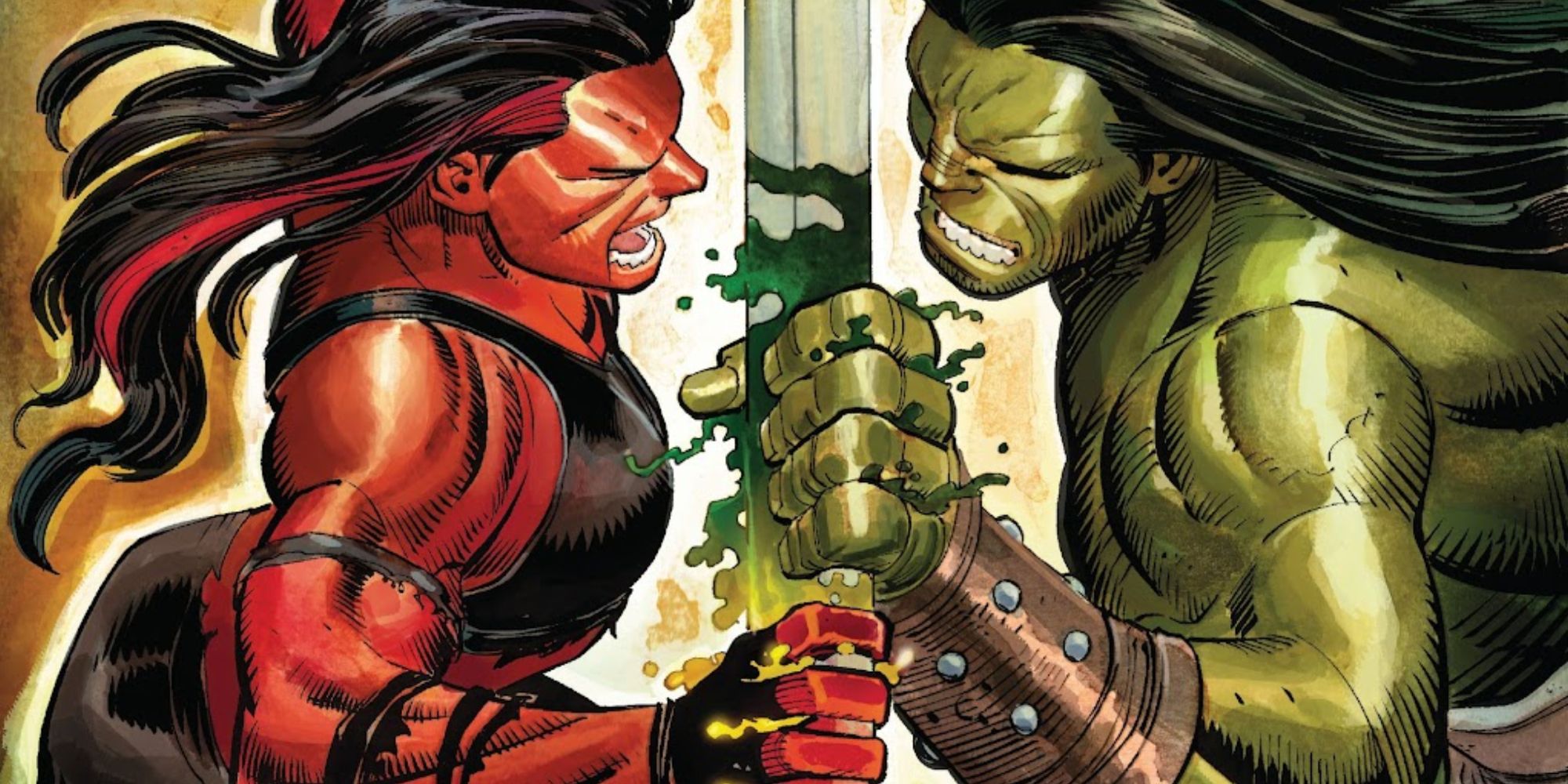Red She-Hulk fights Skaar in Marvel Comics.