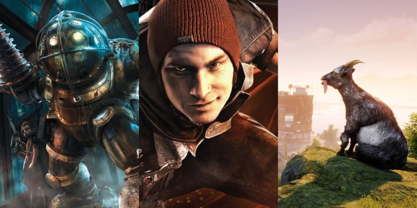 Collage of Bioshock, Infamous Second Son, and Goat Simulator