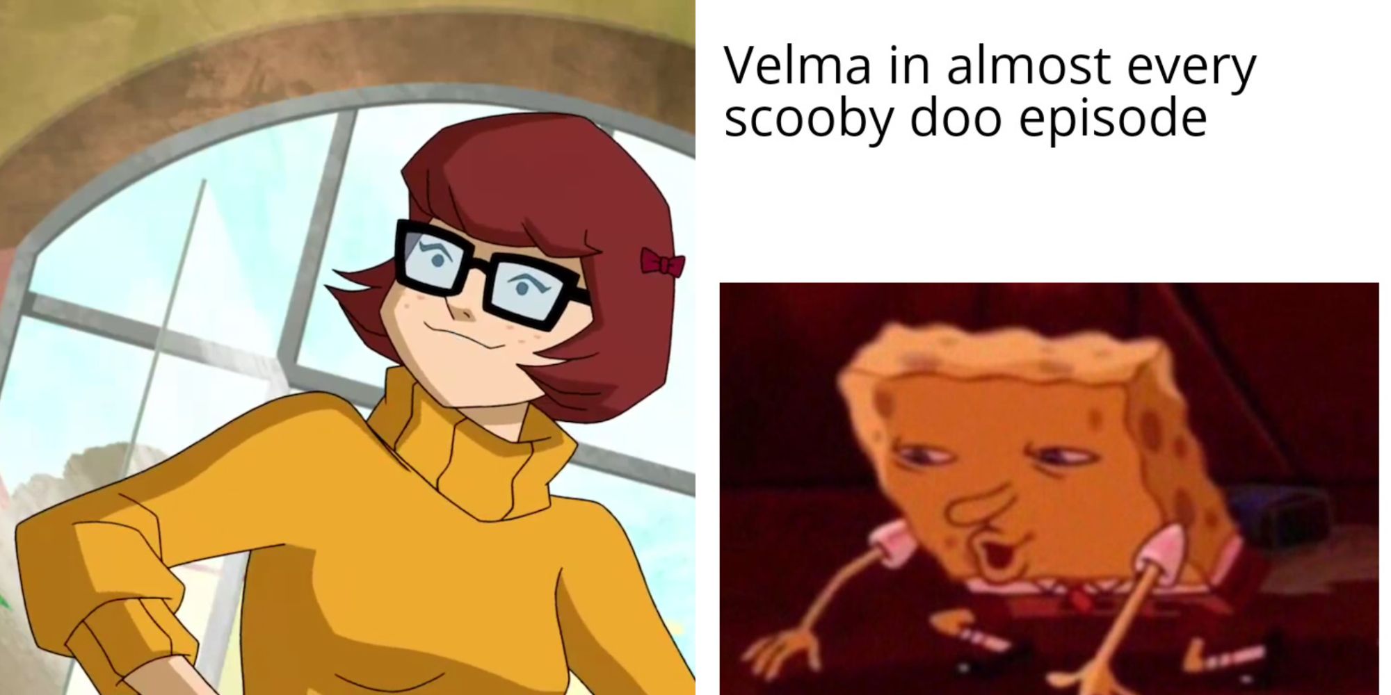 Velma smirks as Spongebob looks for his glasses