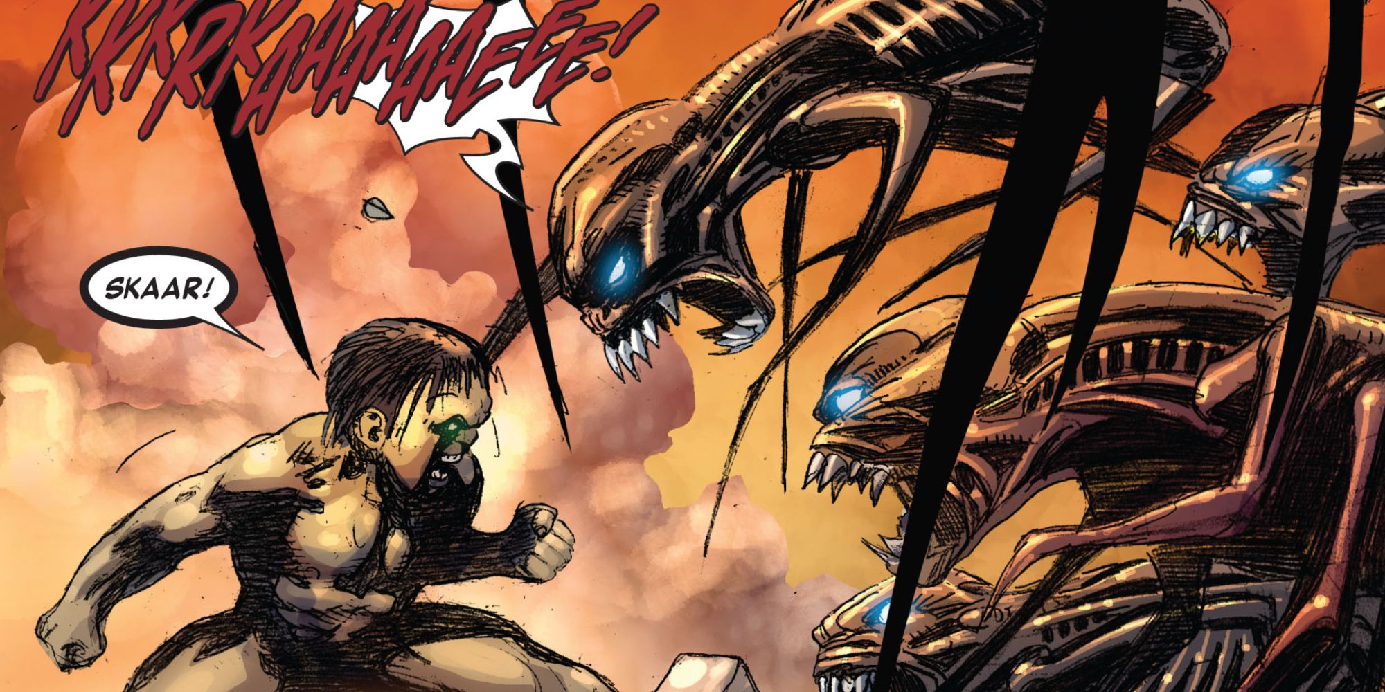 A young Skaar fights alien insects in Marvel Comics.