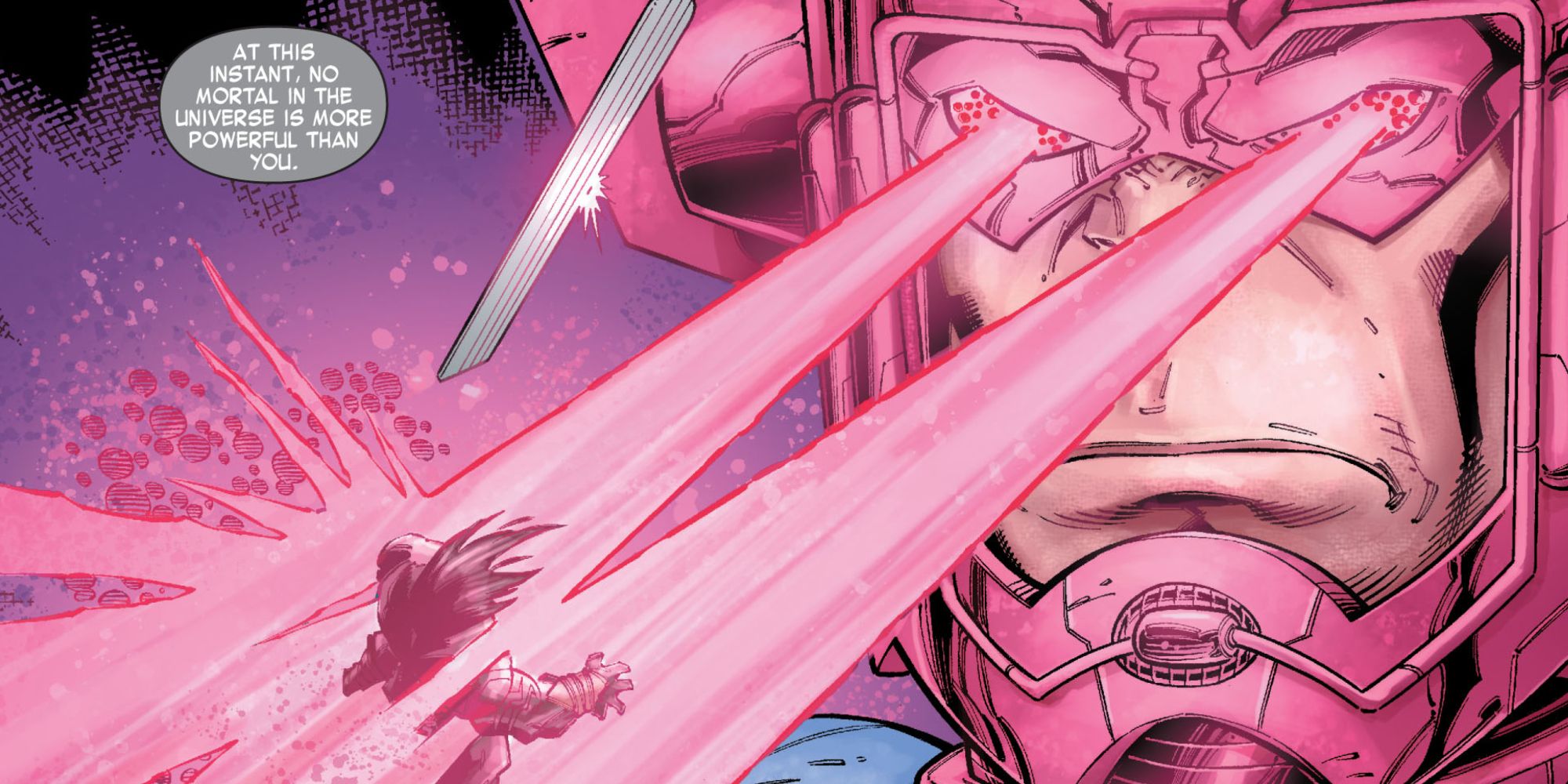 Galactus blasts Skaar in Marvel Comics.