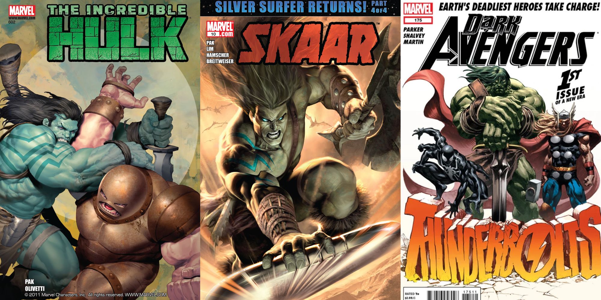 Split image of comic book covers for Incredible Hulk #602, Skaar #10, and Dark Avengers #175.