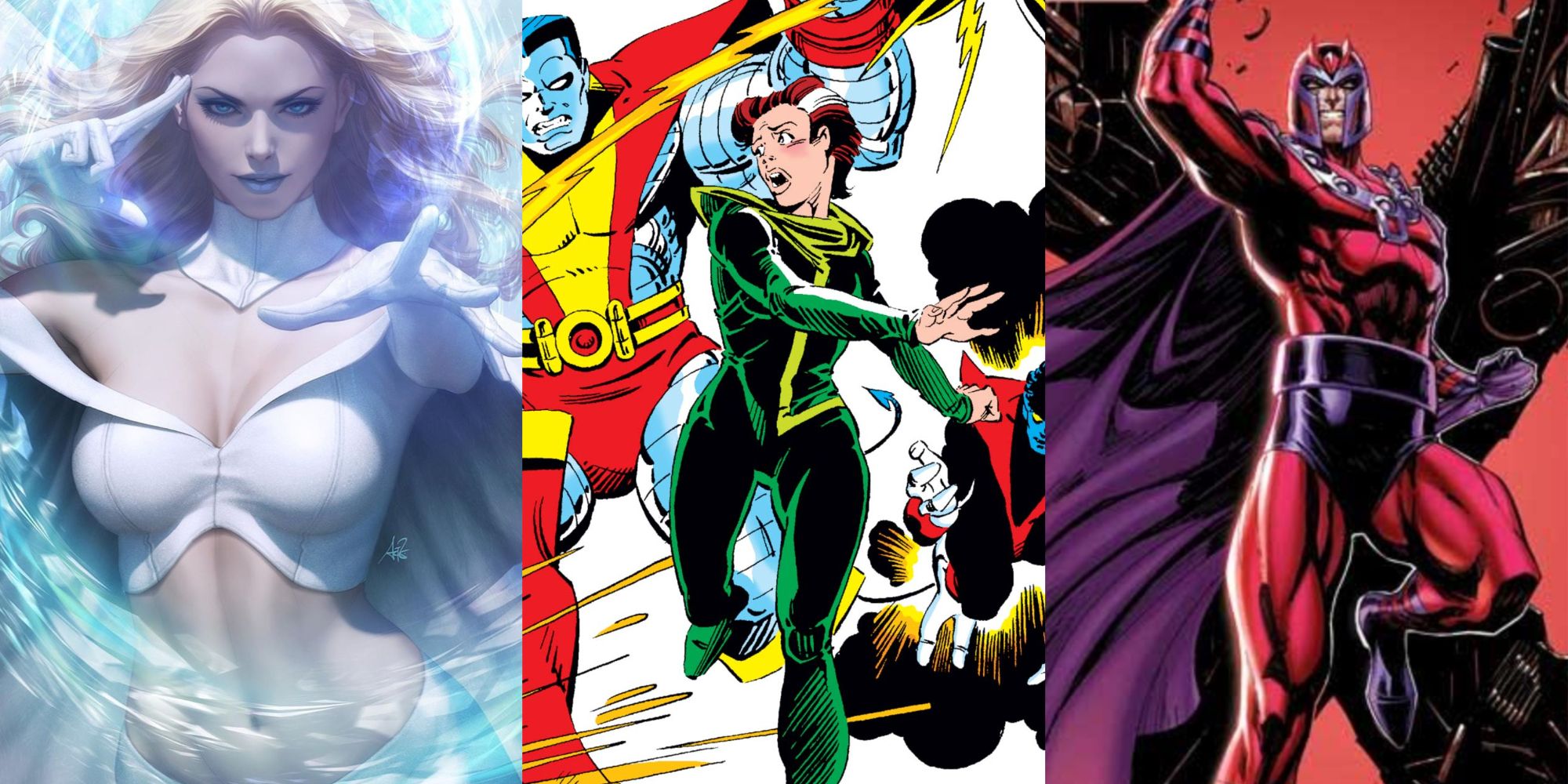 Split image of White Queen, Rogue, and Magneto from Marvel Comics.