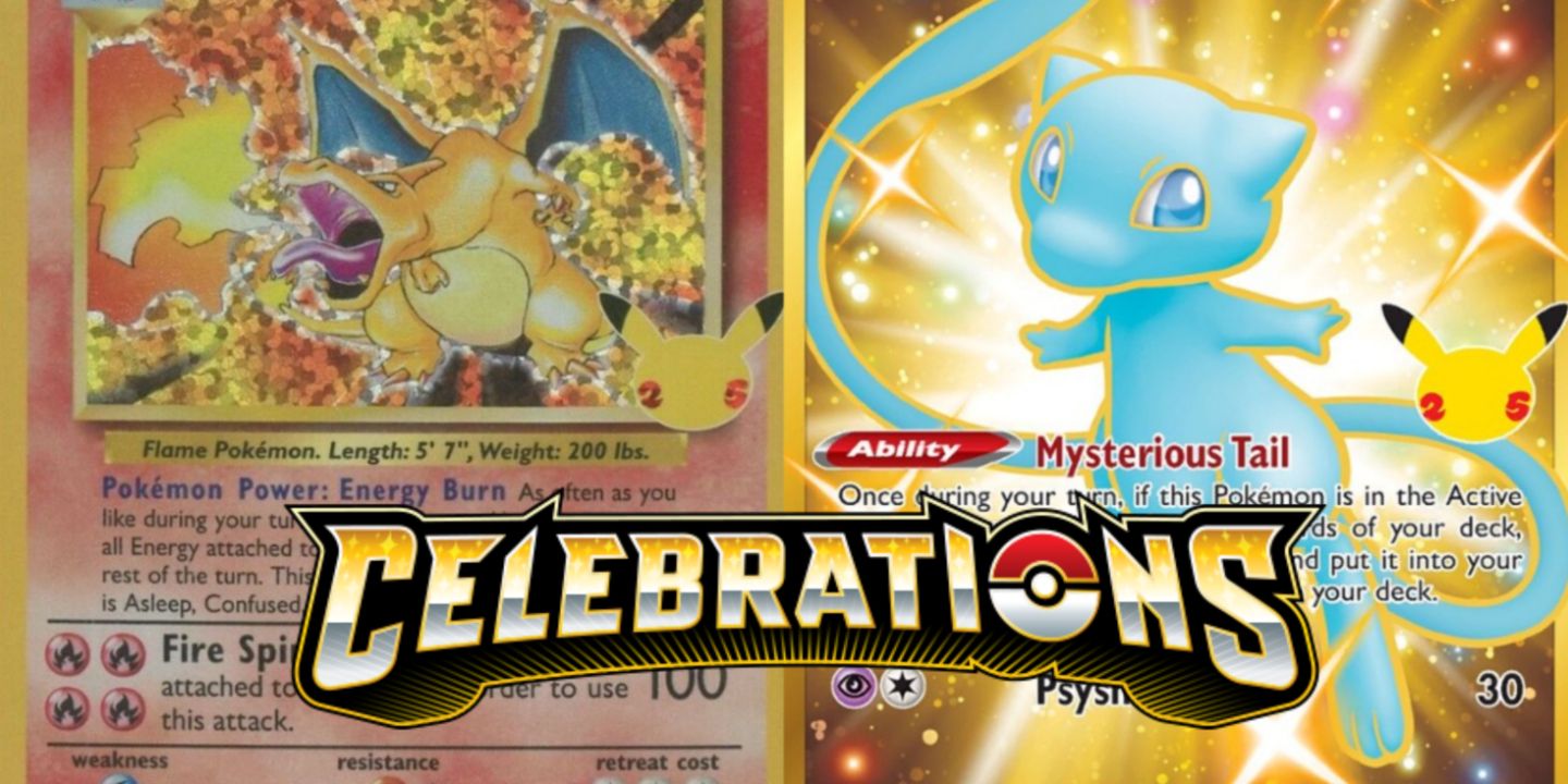 A split image of Charizard and Mew (Secret) from Pokemon TCG: Celebrations.