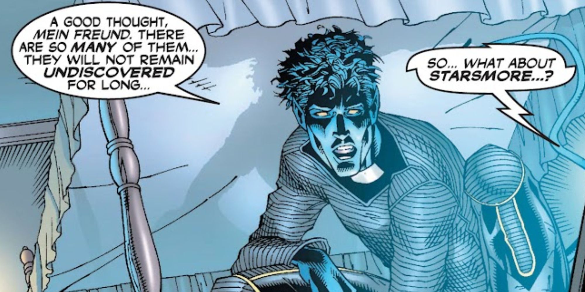 Nightcrawler appears in his black and gold uniform in Marvel Comics.