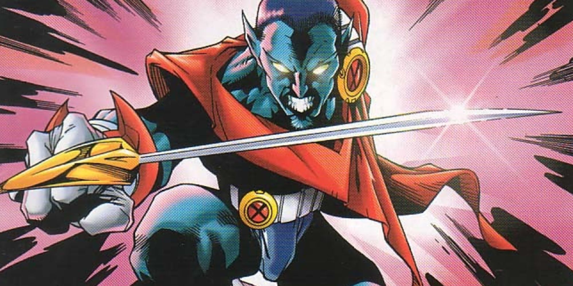Nightcrawler brandishes a sword on the cover of Excalibur #98.