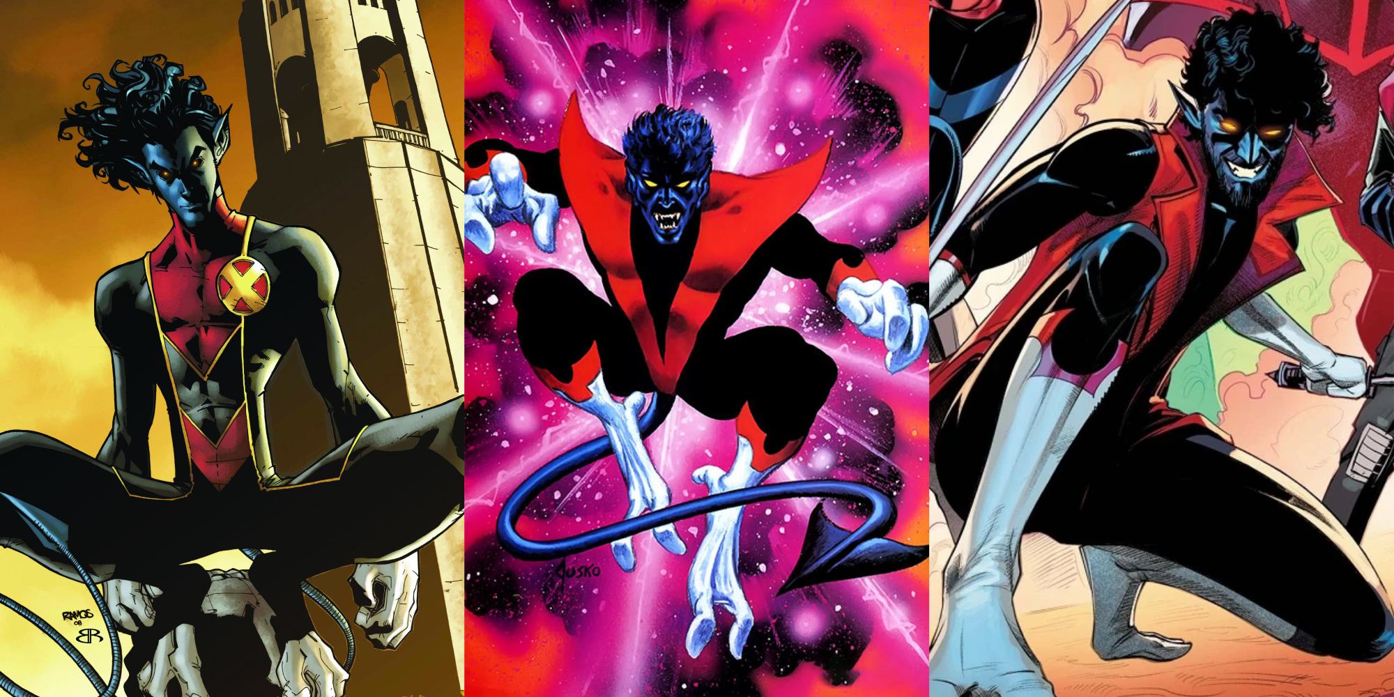 Split image of Manifest Destiny Nightcrawler, Classic Nightcrawler, and Immortal X-Men Nightcrawler from Marvel Comics.
